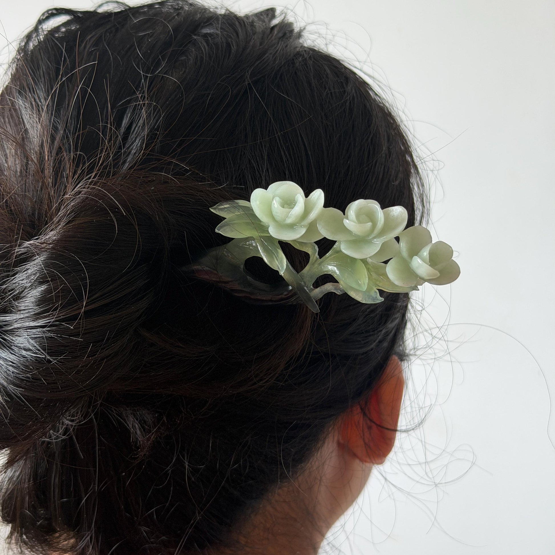 Xiu Jade Peach Blossom Flower Hand Carved Hair Pin: Certified Natural Serpentine Multicolor Black White Green Jade Handcrafted Hair Stick | Asian Vintage Hair Fork 3D stone carving Hair Jewelry Chinese Hanfu Hair Fork gift for her green jade carving white jade black jade flower carving hand engraved hairpins japanese hair stick korean hair pins hair fork hair comb antique hairpins wedding headpiece engagement hair jewelry bridal shower gift wedding bridal hair accessory asian hair crown