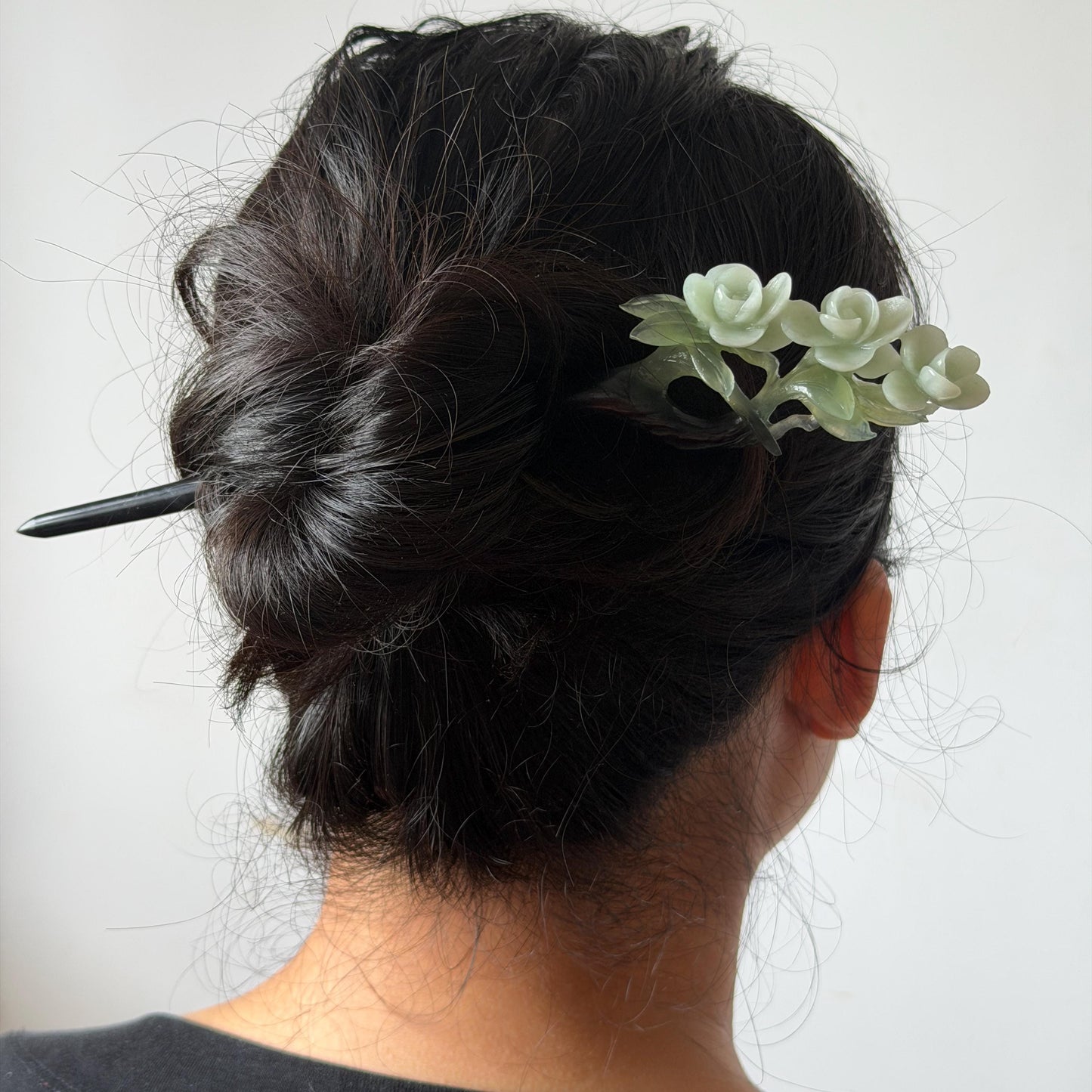 Xiu Jade Peach Blossom Flower Hand Carved Hair Pin: Certified Natural Serpentine Multicolor Black White Green Jade Handcrafted Hair Stick | Asian Vintage Hair Fork 3D stone carving Hair Jewelry Chinese Hanfu Hair Fork gift for her green jade carving white jade black jade flower carving hand engraved hairpins japanese hair stick korean hair pins hair fork hair comb antique hairpins wedding headpiece engagement hair jewelry bridal shower gift wedding bridal hair accessory asian hair crown