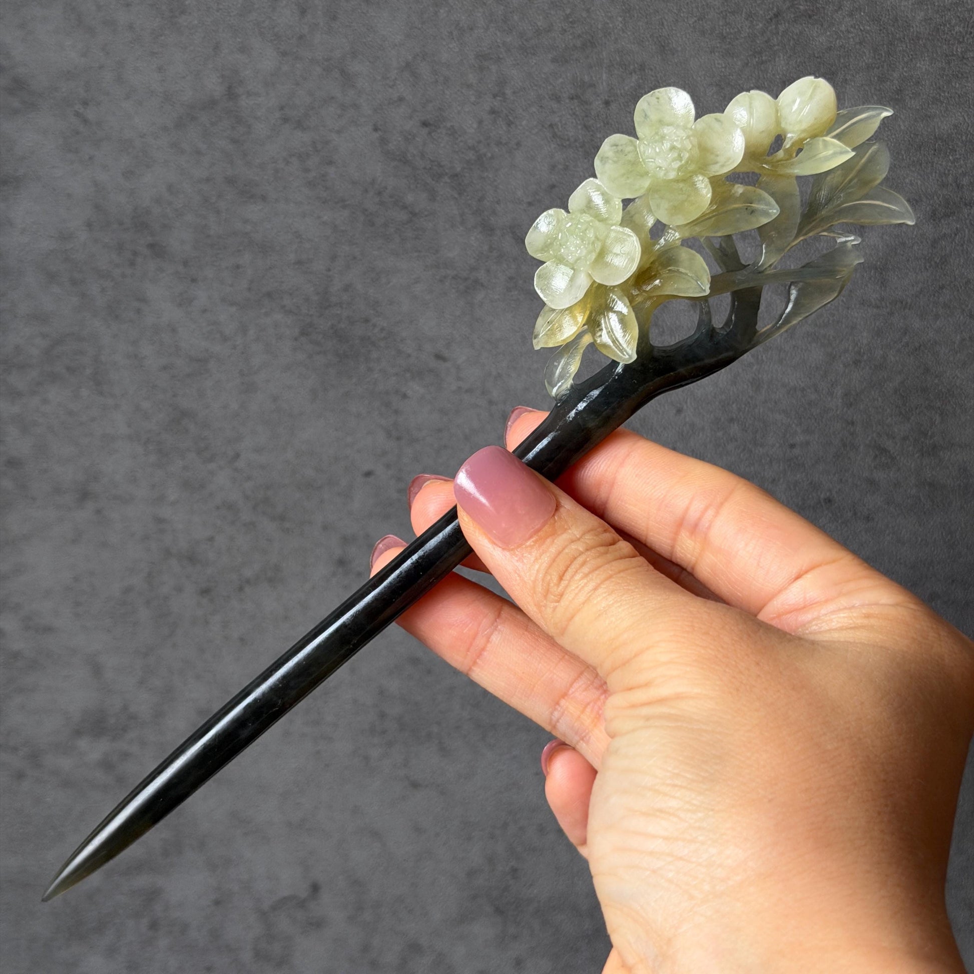 Xiu Jade Peach Blossom Flower Hand Carved Hair Pin: Certified Natural Serpentine Multicolor Black White Green Jade Handcrafted Hair Stick | Asian Vintage Hair Fork 3D stone carving Hair Jewelry Chinese Hanfu Hair Fork gift for her green jade carving white jade black jade flower carving hand engraved hairpins japanese hair stick korean hair pins hair fork hair comb antique hairpins wedding headpiece engagement hair jewelry bridal shower gift wedding bridal hair accessory asian hair crown