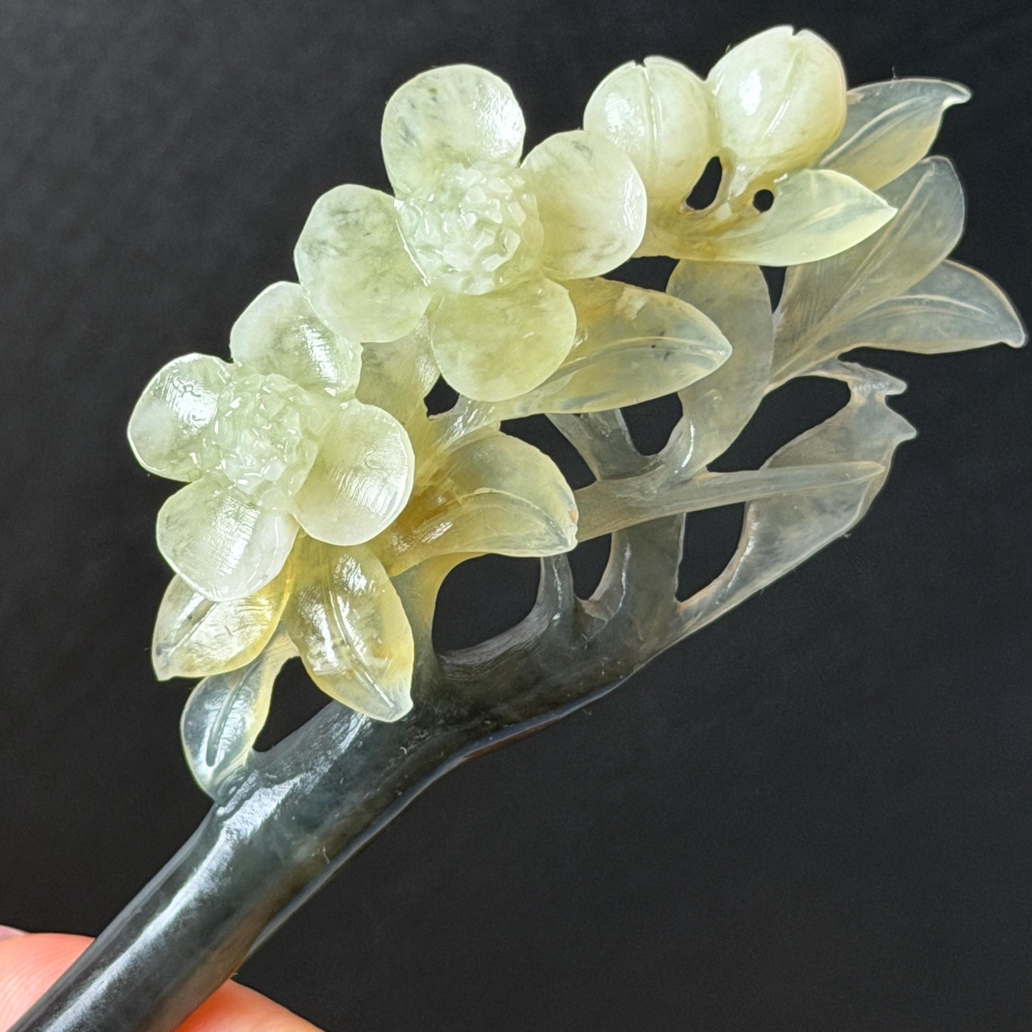 Xiu Jade Peach Blossom Flower Hand Carved Hair Pin: Certified Natural Serpentine Multicolor Black White Green Jade Handcrafted Hair Stick | Asian Vintage Hair Fork 3D stone carving Hair Jewelry Chinese Hanfu Hair Fork gift for her green jade carving white jade black jade flower carving hand engraved hairpins japanese hair stick korean hair pins hair fork hair comb antique hairpins wedding headpiece engagement hair jewelry bridal shower gift wedding bridal hair accessory asian hair crown