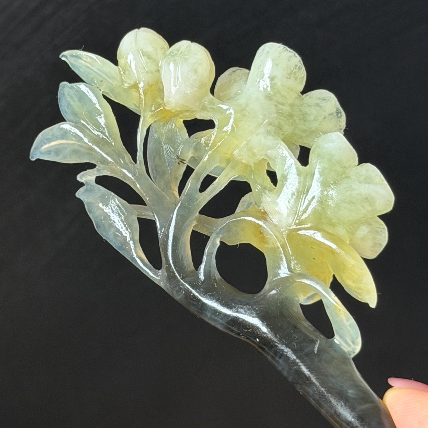 Xiu Jade Peach Blossom Flower Hand Carved Hair Pin: Certified Natural Serpentine Multicolor Black White Green Jade Handcrafted Hair Stick | Asian Vintage Hair Fork 3D stone carving Hair Jewelry Chinese Hanfu Hair Fork gift for her green jade carving white jade black jade flower carving hand engraved hairpins japanese hair stick korean hair pins hair fork hair comb antique hairpins wedding headpiece engagement hair jewelry bridal shower gift wedding bridal hair accessory asian hair crown