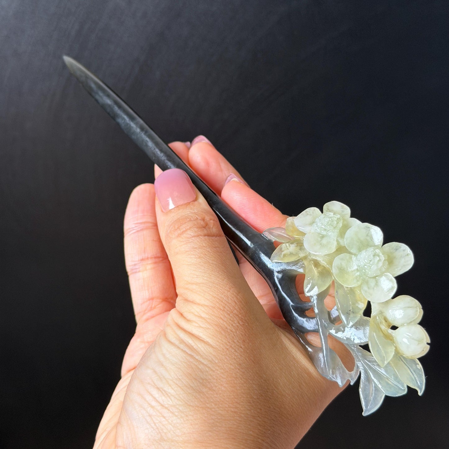 Xiu Jade Peach Blossom Flower Hand Carved Hair Pin: Certified Natural Serpentine Multicolor Black White Green Jade Handcrafted Hair Stick | Asian Vintage Hair Fork 3D stone carving Hair Jewelry Chinese Hanfu Hair Fork gift for her green jade carving white jade black jade flower carving hand engraved hairpins japanese hair stick korean hair pins hair fork hair comb antique hairpins wedding headpiece engagement hair jewelry bridal shower gift wedding bridal hair accessory asian hair crown