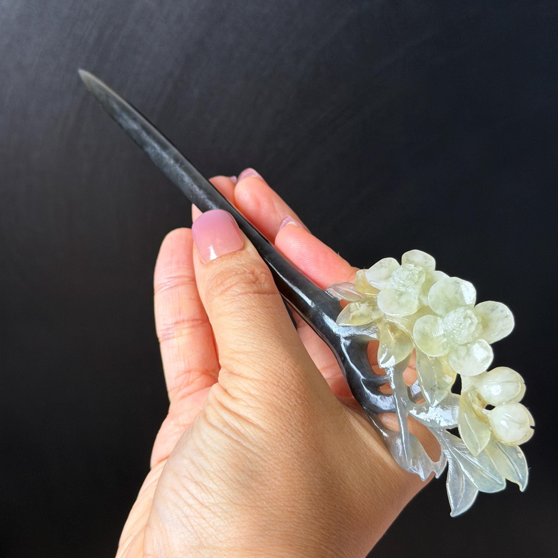 Xiu Jade Peach Blossom Flower Hand Carved Hair Pin: Certified Natural Serpentine Multicolor Black White Green Jade Handcrafted Hair Stick | Asian Vintage Hair Fork 3D stone carving Hair Jewelry Chinese Hanfu Hair Fork gift for her green jade carving white jade black jade flower carving hand engraved hairpins japanese hair stick korean hair pins hair fork hair comb antique hairpins wedding headpiece engagement hair jewelry bridal shower gift wedding bridal hair accessory asian hair crown