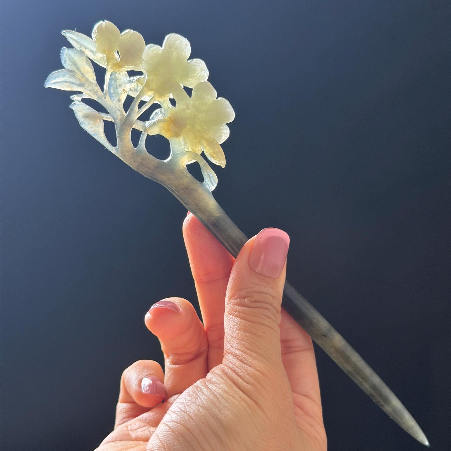 Xiu Jade Peach Blossom Flower Hand Carved Hair Pin: Certified Natural Serpentine Multicolor Black White Green Jade Handcrafted Hair Stick | Asian Vintage Hair Fork 3D stone carving Hair Jewelry Chinese Hanfu Hair Fork gift for her green jade carving white jade black jade flower carving hand engraved hairpins japanese hair stick korean hair pins hair fork hair comb antique hairpins wedding headpiece engagement hair jewelry bridal shower gift wedding bridal hair accessory asian hair crown
