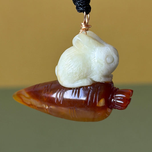 Xiu Jade Rabbit & Carrot Hand Carved Pendant Adjustable Necklace: Certified Natural Serpentine Red Brown White Jade Handcrafted Charm 3D Stone Carving white jade carving brown jade red jade 3D carving rabbit carving bunny carving rabbit pendant bunny charm carrot pendant raddish pendant adjustable necklace choker jade with certificate untreated jade lucky charm rabbit lover gift bunny lover gift handcrafted jade