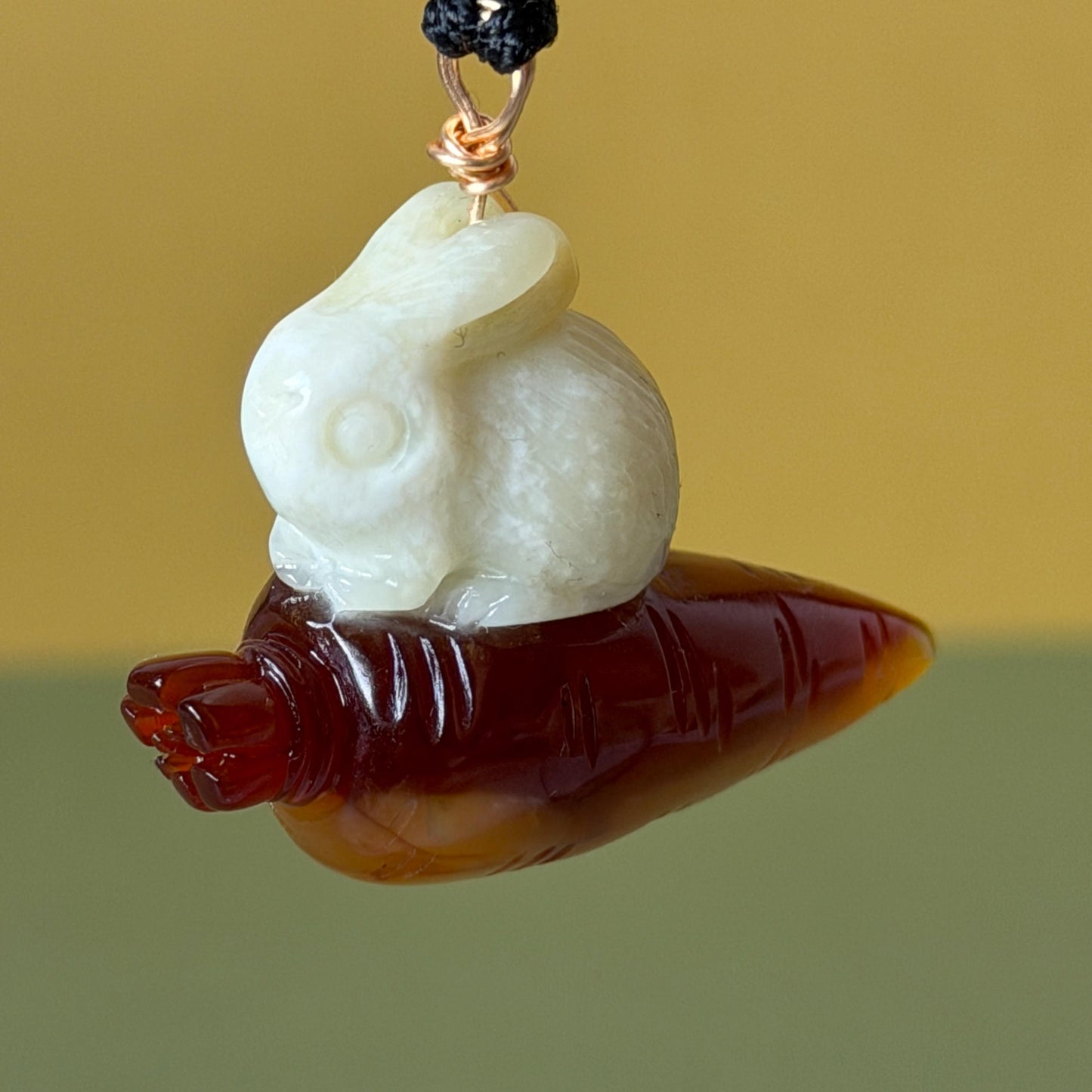 Xiu Jade Rabbit & Carrot Hand Carved Pendant Adjustable Necklace: Certified Natural Serpentine Red Brown White Jade Handcrafted Charm 3D Stone Carving white jade carving brown jade red jade 3D carving rabbit carving bunny carving rabbit pendant bunny charm carrot pendant raddish pendant adjustable necklace choker jade with certificate untreated jade lucky charm rabbit lover gift bunny lover gift handcrafted jade