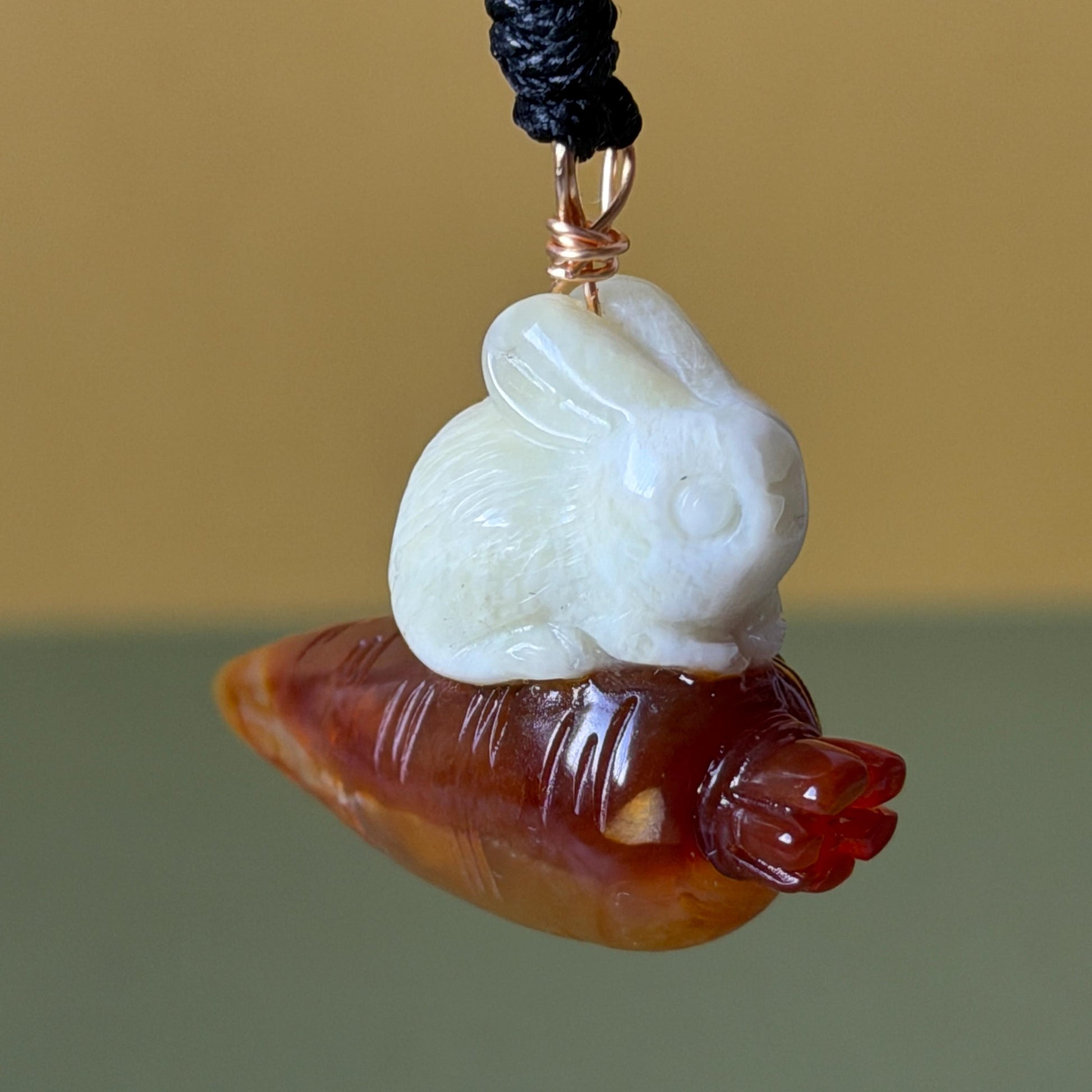 Xiu Jade Rabbit & Carrot Hand Carved Pendant Adjustable Necklace: Certified Natural Serpentine Red Brown White Jade Handcrafted Charm 3D Stone Carving white jade carving brown jade red jade 3D carving rabbit carving bunny carving rabbit pendant bunny charm carrot pendant raddish pendant adjustable necklace choker jade with certificate untreated jade lucky charm rabbit lover gift bunny lover gift handcrafted jade