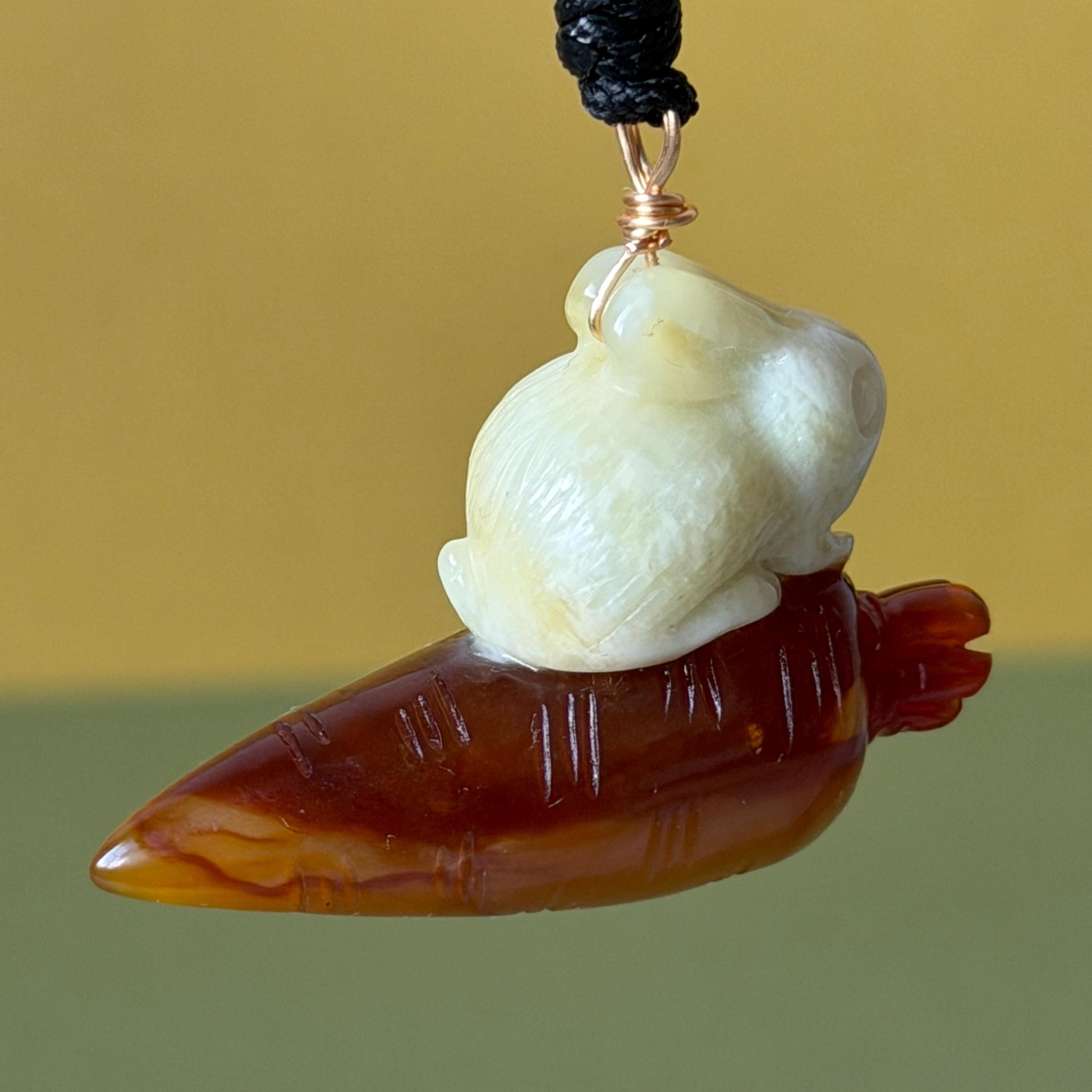 Xiu Jade Rabbit & Carrot Hand Carved Pendant Adjustable Necklace: Certified Natural Serpentine Red Brown White Jade Handcrafted Charm 3D Stone Carving white jade carving brown jade red jade 3D carving rabbit carving bunny carving rabbit pendant bunny charm carrot pendant raddish pendant adjustable necklace choker jade with certificate untreated jade lucky charm rabbit lover gift bunny lover gift handcrafted jade