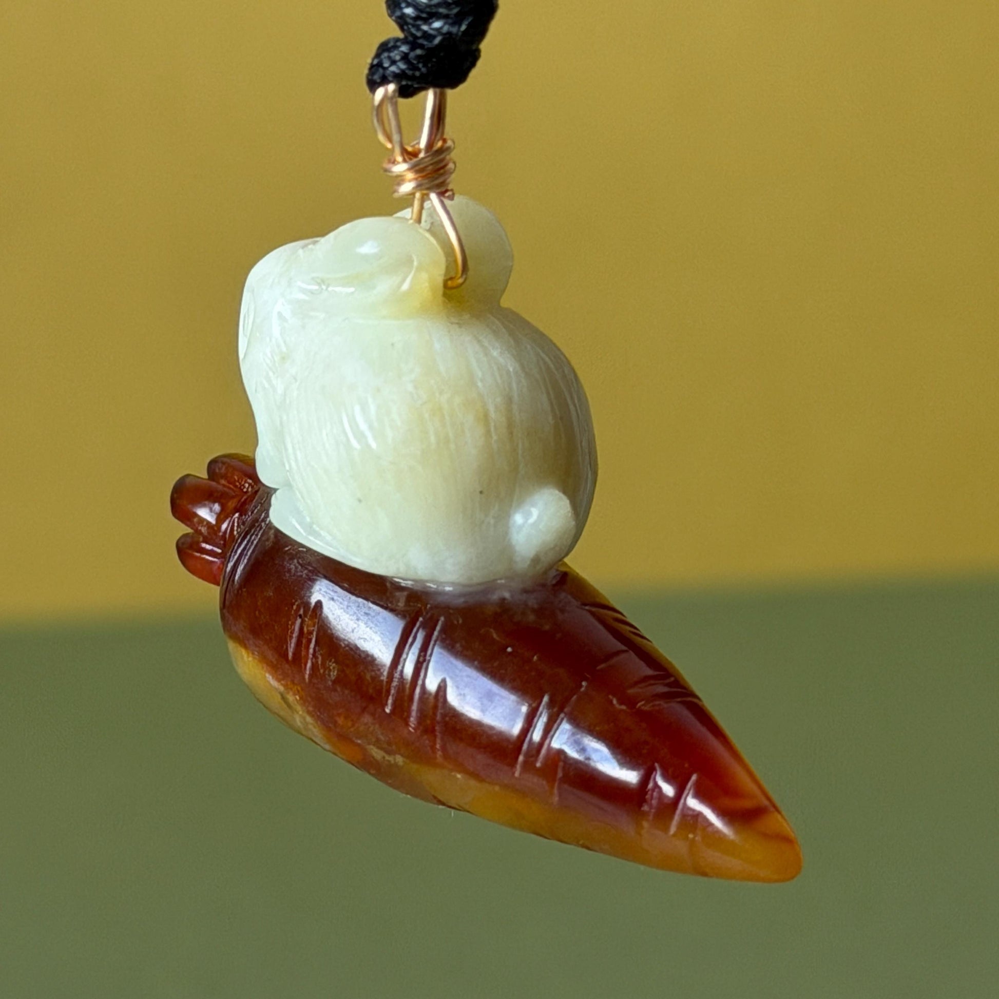 Xiu Jade Rabbit & Carrot Hand Carved Pendant Adjustable Necklace: Certified Natural Serpentine Red Brown White Jade Handcrafted Charm 3D Stone Carving white jade carving brown jade red jade 3D carving rabbit carving bunny carving rabbit pendant bunny charm carrot pendant raddish pendant adjustable necklace choker jade with certificate untreated jade lucky charm rabbit lover gift bunny lover gift handcrafted jade