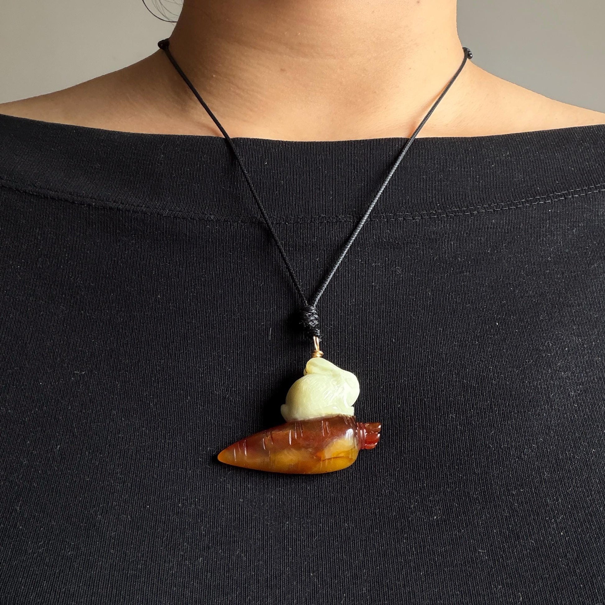 Xiu Jade Rabbit & Carrot Hand Carved Pendant Adjustable Necklace: Certified Natural Serpentine Red Brown White Jade Handcrafted Charm 3D Stone Carving white jade carving brown jade red jade 3D carving rabbit carving bunny carving rabbit pendant bunny charm carrot pendant raddish pendant adjustable necklace choker jade with certificate untreated jade lucky charm rabbit lover gift bunny lover gift handcrafted jade