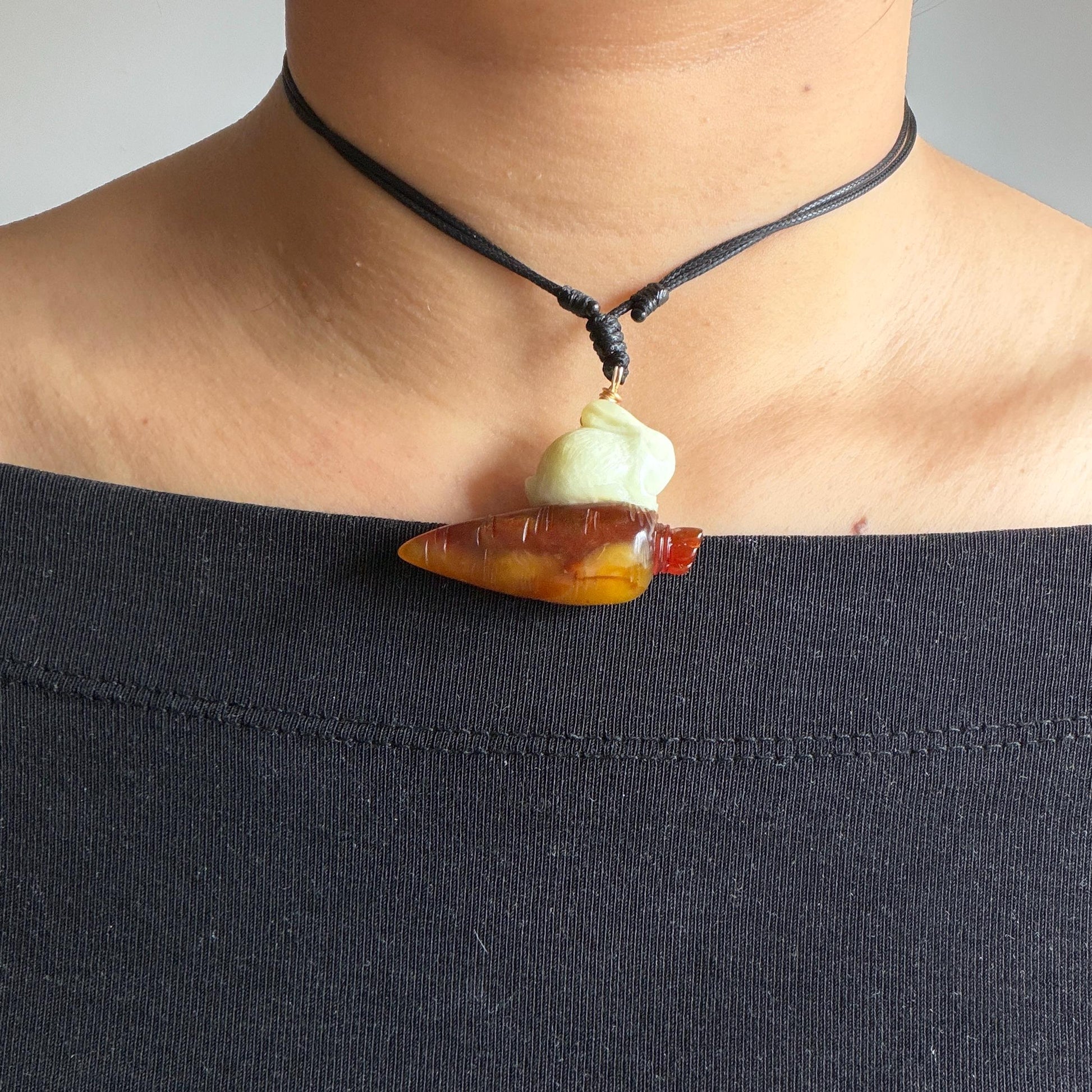 Xiu Jade Rabbit & Carrot Hand Carved Pendant Adjustable Necklace: Certified Natural Serpentine Red Brown White Jade Handcrafted Charm 3D Stone Carving white jade carving brown jade red jade 3D carving rabbit carving bunny carving rabbit pendant bunny charm carrot pendant raddish pendant adjustable necklace choker jade with certificate untreated jade lucky charm rabbit lover gift bunny lover gift handcrafted jade