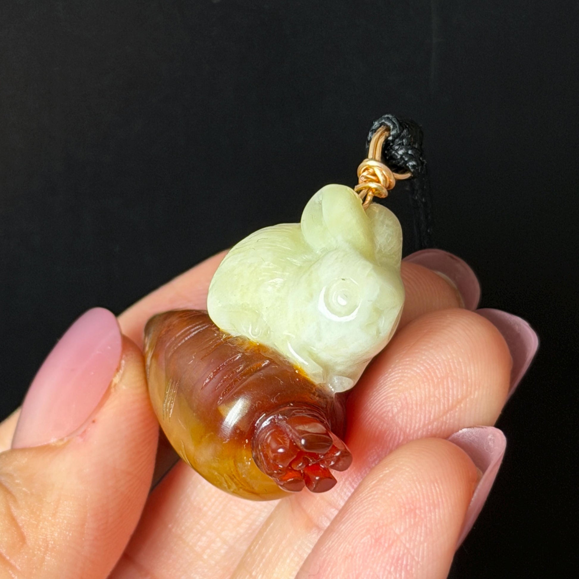 Xiu Jade Rabbit & Carrot Hand Carved Pendant Adjustable Necklace: Certified Natural Serpentine Red Brown White Jade Handcrafted Charm 3D Stone Carving white jade carving brown jade red jade 3D carving rabbit carving bunny carving rabbit pendant bunny charm carrot pendant raddish pendant adjustable necklace choker jade with certificate untreated jade lucky charm rabbit lover gift bunny lover gift handcrafted jade