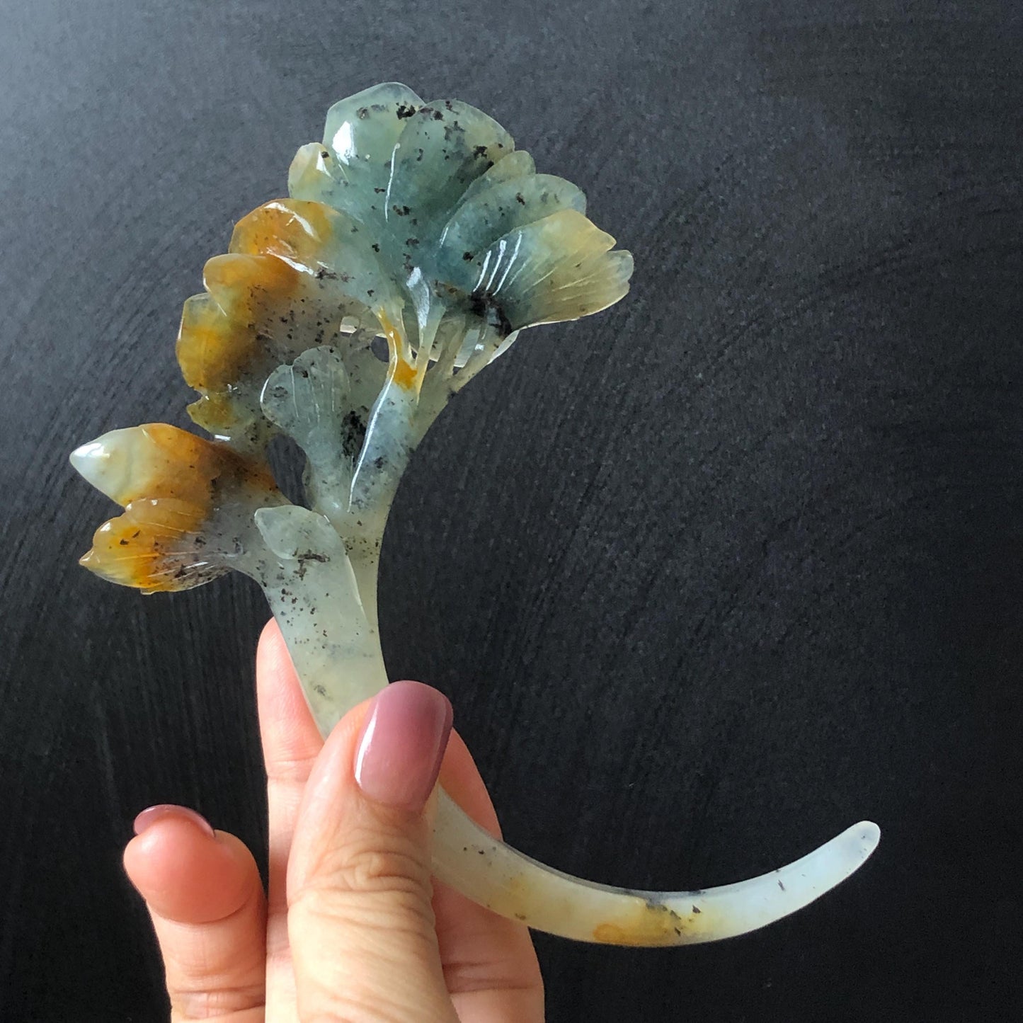 Xiu Jade Rose Flowers Hand Carved Hair Pin: Certified Natural Serpentine Blue Brown White Jade Handcrafted Crescent Moon Hair Stick 3D Stone Carving Hair Jewelry Bridal Wedding Headpiece gift for her japanese hairpin korean hair stick chinese hair fork vintage hair comb antique hair pins hanfu hair stick bridal shower hair jewelry bridal shower gift engagement hair accessory jade carving hand engraved jade hand carved flower jade hairpins untreated natural jade with certificate moon hairpin