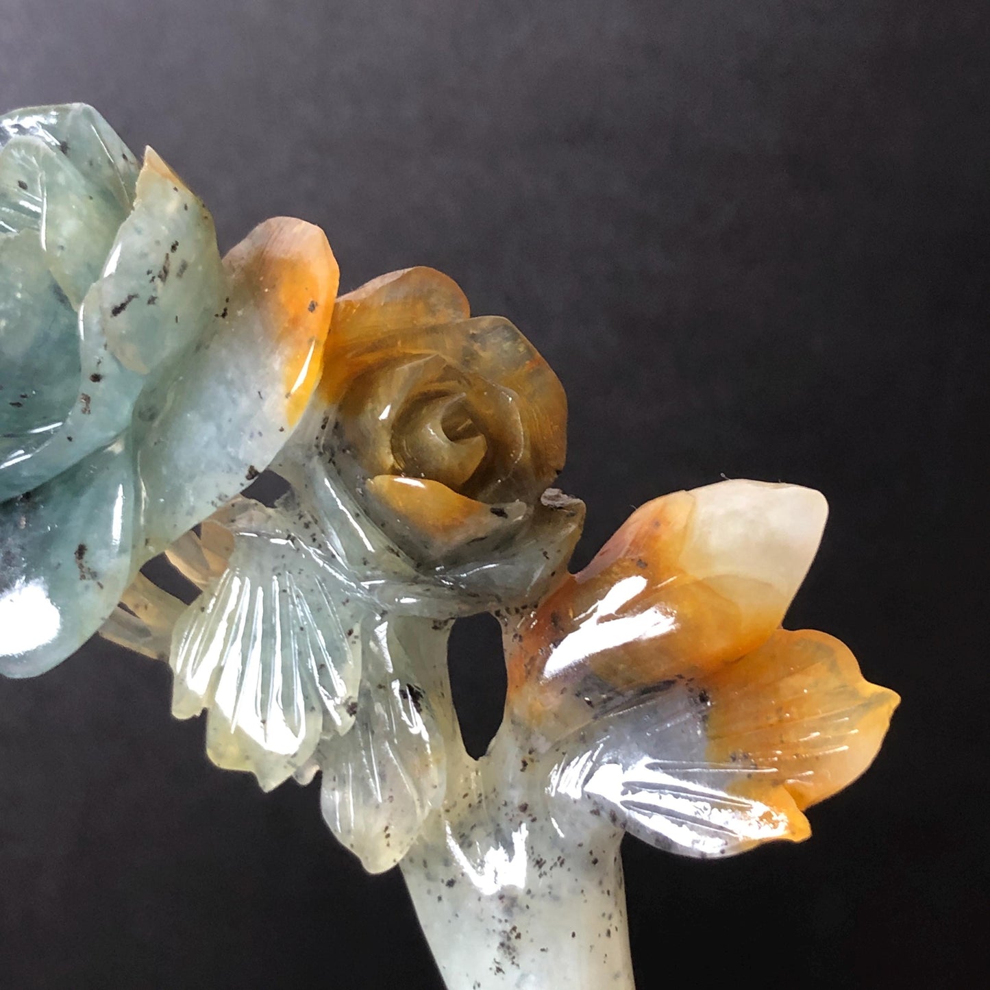 Xiu Jade Rose Flowers Hand Carved Hair Pin: Certified Natural Serpentine Blue Brown White Jade Handcrafted Crescent Moon Hair Stick 3D Stone Carving Hair Jewelry Bridal Wedding Headpiece gift for her japanese hairpin korean hair stick chinese hair fork vintage hair comb antique hair pins hanfu hair stick bridal shower hair jewelry bridal shower gift engagement hair accessory jade carving hand engraved jade hand carved flower jade hairpins untreated natural jade with certificate moon hairpin