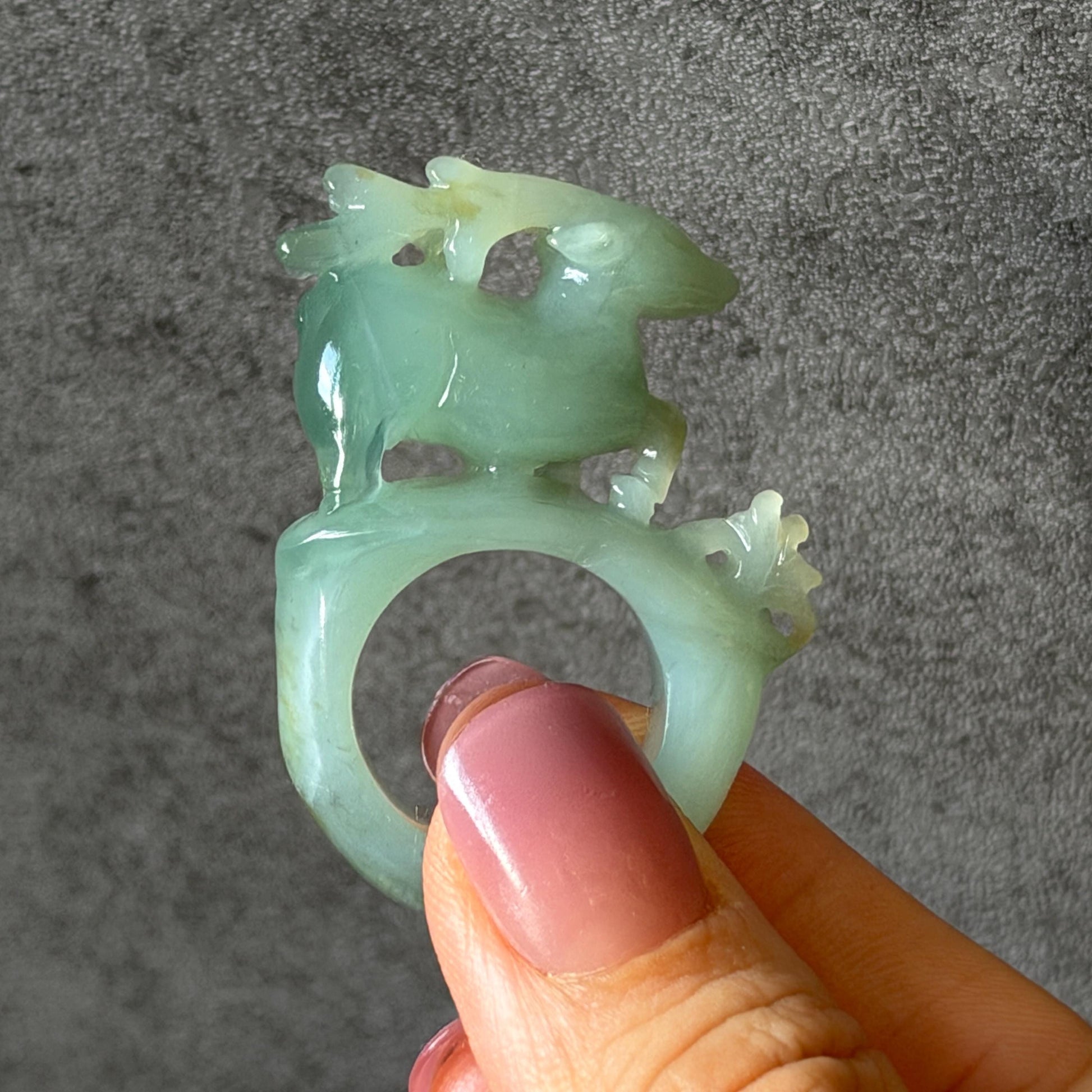 Custom Size! Xiu Jade Serpentine Hand Carved Deer Ring: Natural Serpentine Untreated Green Jade 3D Stone Carving | Crystal Stone Gemstone Ring Ring Gift for her green jade carving hand carved jade band ring animals carving flower carving natural jade band ring cocktail ring for women make to order ring big size ring small size ring personalized ring customised ring flower ring deer carving deer lover gift hollow out carving tailor made ring