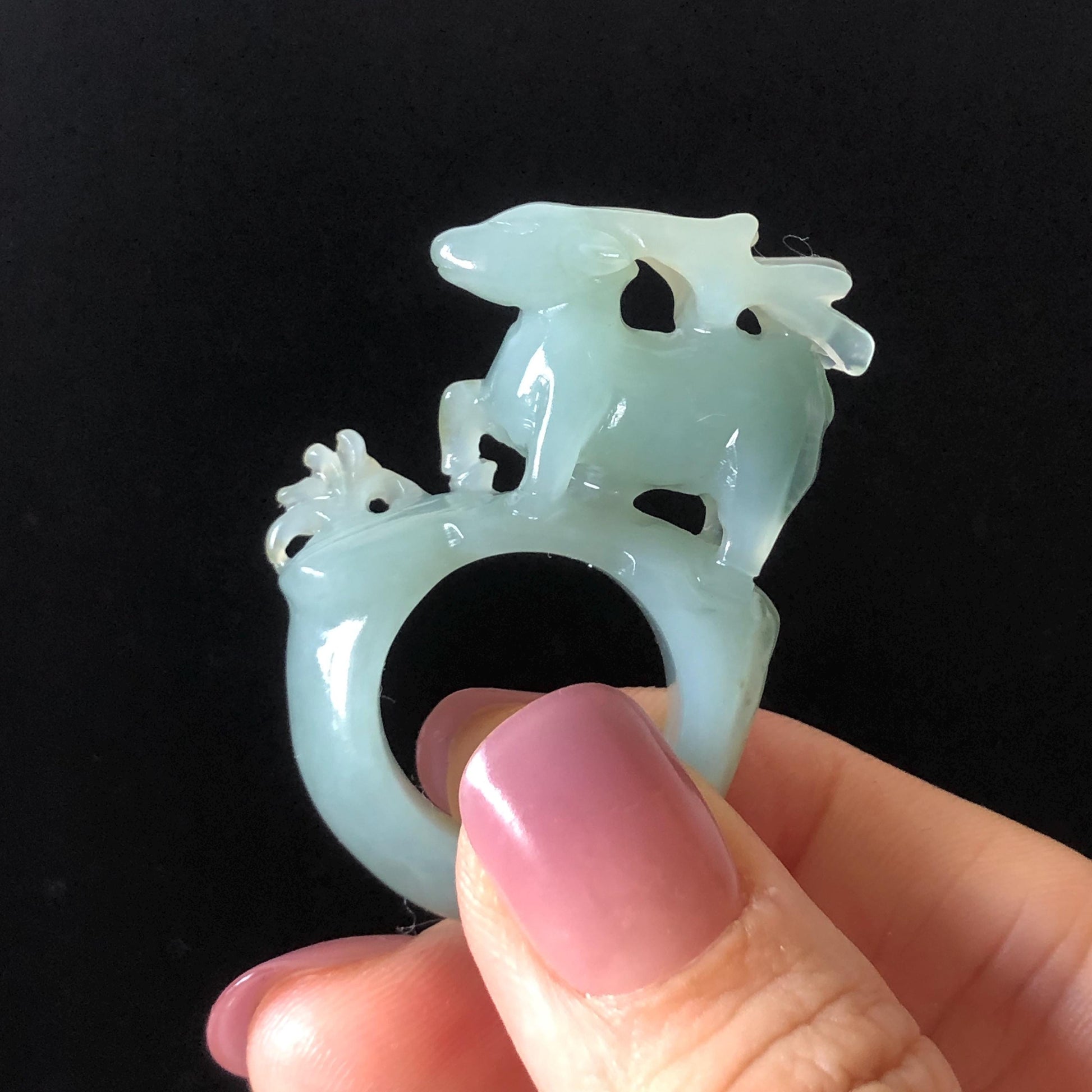 Custom Size! Xiu Jade Serpentine Hand Carved Deer Ring: Natural Serpentine Untreated Green Jade 3D Stone Carving | Crystal Stone Gemstone Ring Ring Gift for her green jade carving hand carved jade band ring animals carving flower carving natural jade band ring cocktail ring for women make to order ring big size ring small size ring personalized ring customised ring flower ring deer carving deer lover gift hollow out carving tailor made ring