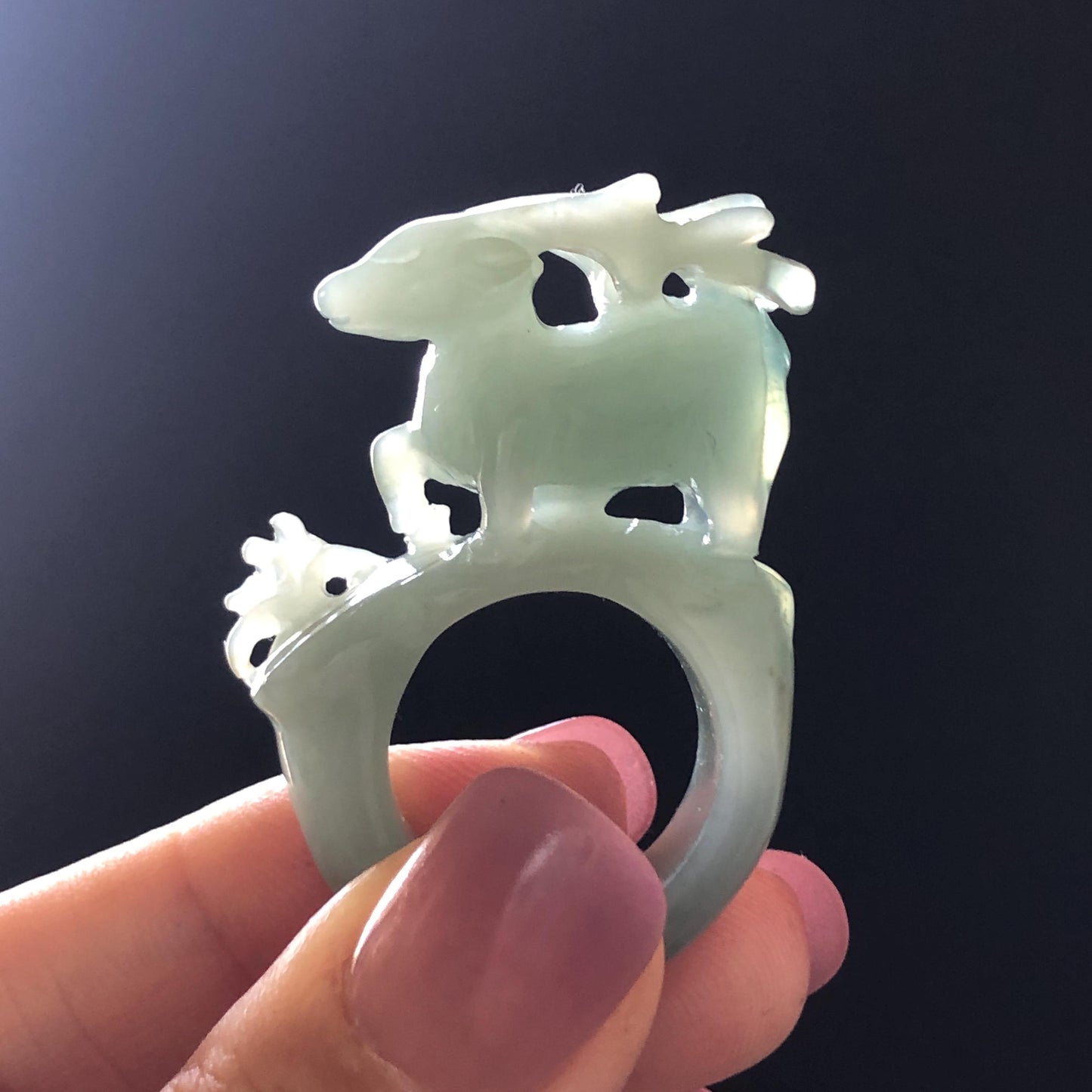 Custom Size! Xiu Jade Serpentine Hand Carved Deer Ring: Natural Serpentine Untreated Green Jade 3D Stone Carving | Crystal Stone Gemstone Ring Ring Gift for her green jade carving hand carved jade band ring animals carving flower carving natural jade band ring cocktail ring for women make to order ring big size ring small size ring personalized ring customised ring flower ring deer carving deer lover gift hollow out carving tailor made ring