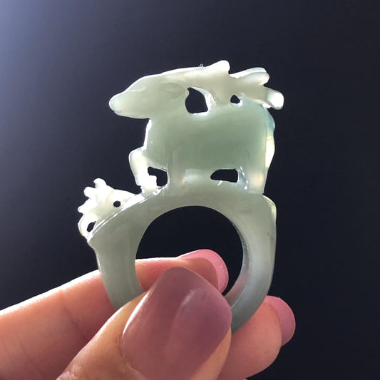 Custom Size! Xiu Jade Serpentine Hand Carved Deer Ring: Natural Serpentine Untreated Green Jade 3D Stone Carving | Crystal Stone Gemstone Ring Ring Gift for her green jade carving hand carved jade band ring animals carving flower carving natural jade band ring cocktail ring for women make to order ring big size ring small size ring personalized ring customised ring flower ring deer carving deer lover gift hollow out carving tailor made ring