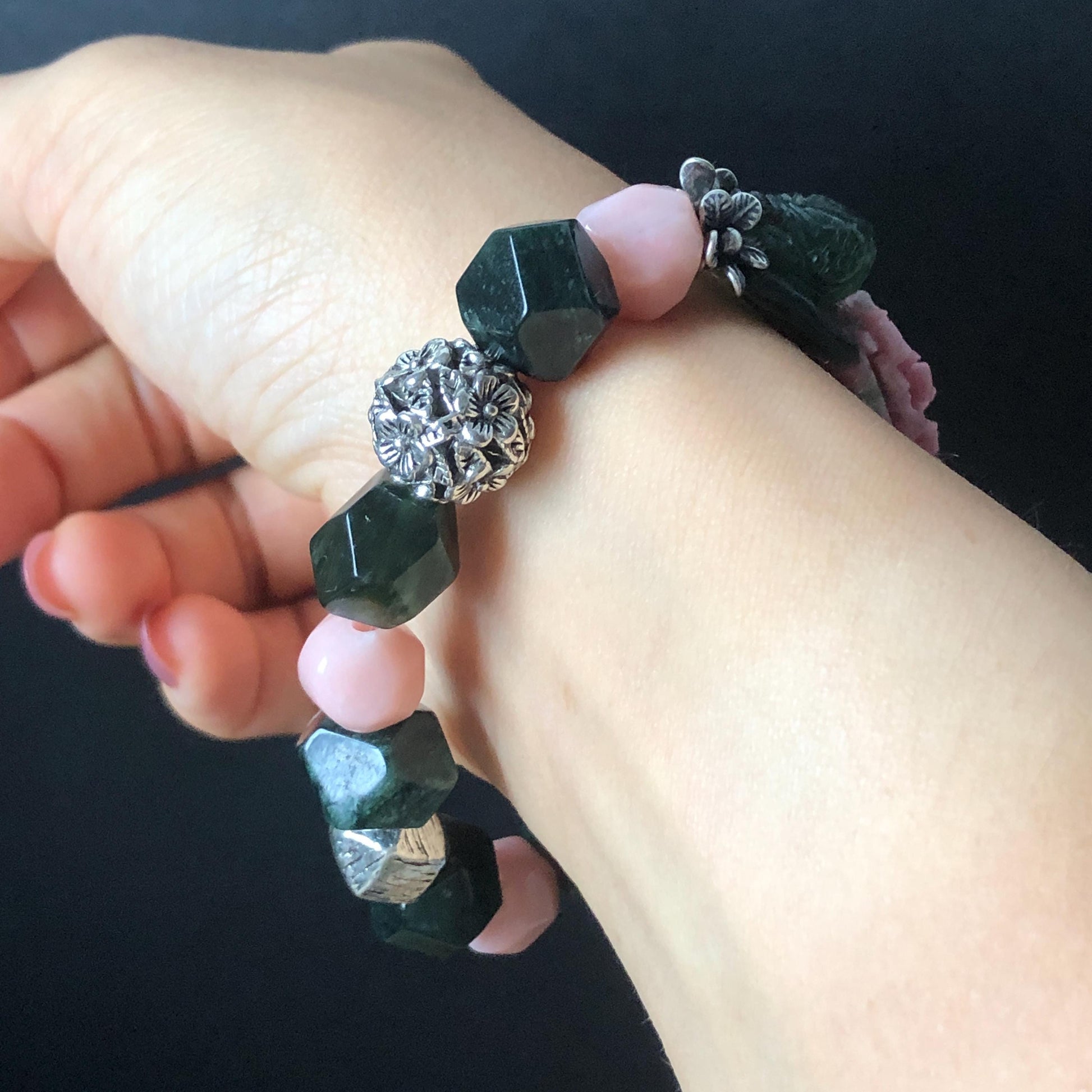 Xiu Jade Bird & Flower Hand Carved Charm with Irregular Bead Bracelet: Natural Serpentine Green Pink Jade Vintage Tibetan Silver | Crystal Stone Gemstone Personalized Gift for her Natural Multi-coloured Jade customised bracelet hand engraved jade bracelet carved charm carved pendant bird carving flower bracelet pink jade green jade silver bracelet tailor made bracelet personalised bracelet diy bracelet untreated jade elastic stretch bracelet bird lover gift 3D stone carving