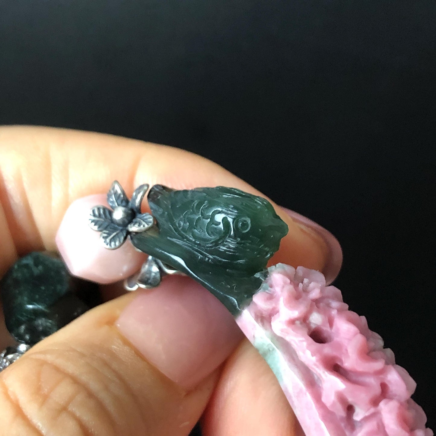 Xiu Jade Bird & Flower Hand Carved Charm with Irregular Bead Bracelet: Natural Serpentine Green Pink Jade Vintage Tibetan Silver | Crystal Stone Gemstone Personalized Gift for her Natural Multi-coloured Jade customised bracelet hand engraved jade bracelet carved charm carved pendant bird carving flower bracelet pink jade green jade silver bracelet tailor made bracelet personalised bracelet diy bracelet untreated jade elastic stretch bracelet bird lover gift 3D stone carving