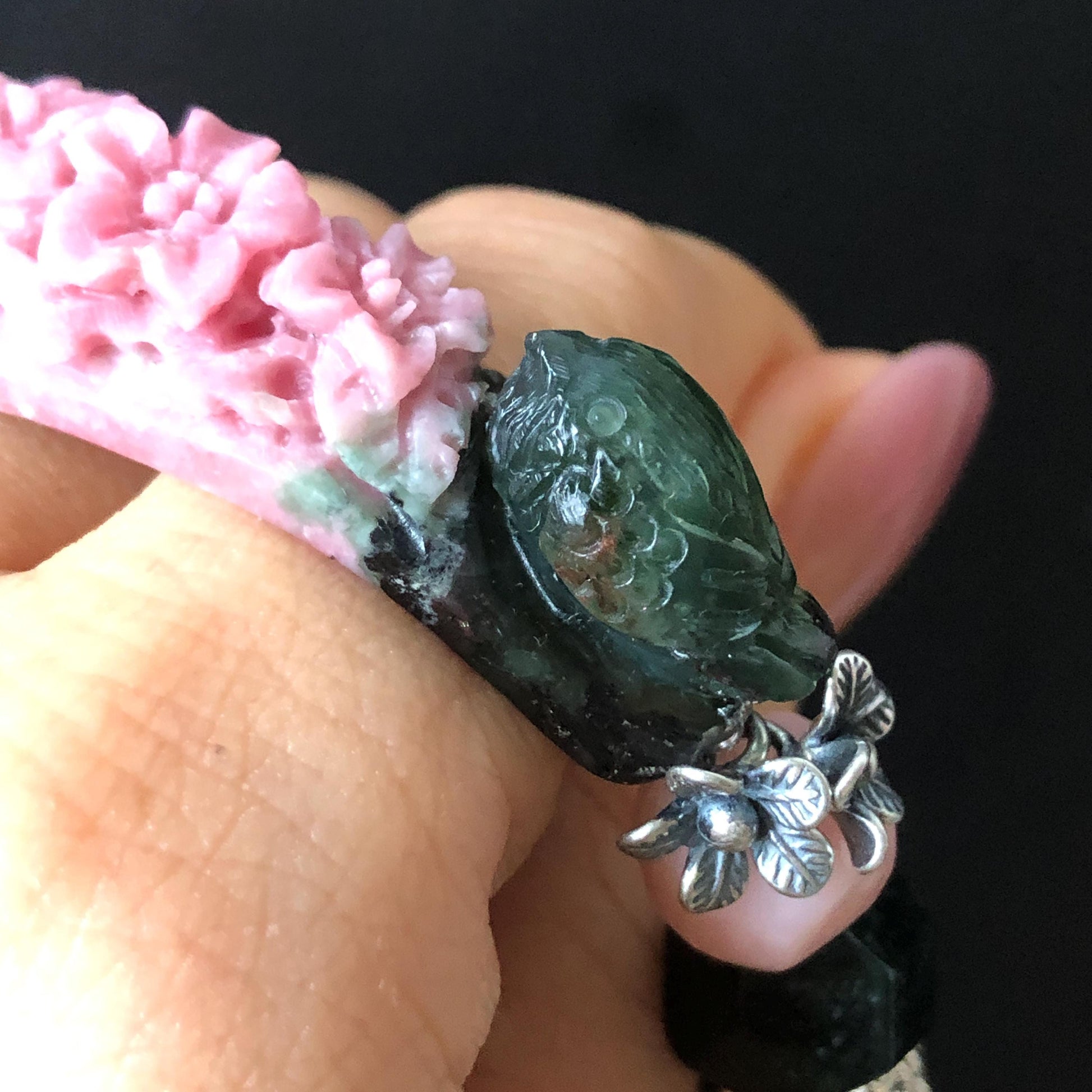 Xiu Jade Bird & Flower Hand Carved Charm with Irregular Bead Bracelet: Natural Serpentine Green Pink Jade Vintage Tibetan Silver | Crystal Stone Gemstone Personalized Gift for her Natural Multi-coloured Jade customised bracelet hand engraved jade bracelet carved charm carved pendant bird carving flower bracelet pink jade green jade silver bracelet tailor made bracelet personalised bracelet diy bracelet untreated jade elastic stretch bracelet bird lover gift 3D stone carving