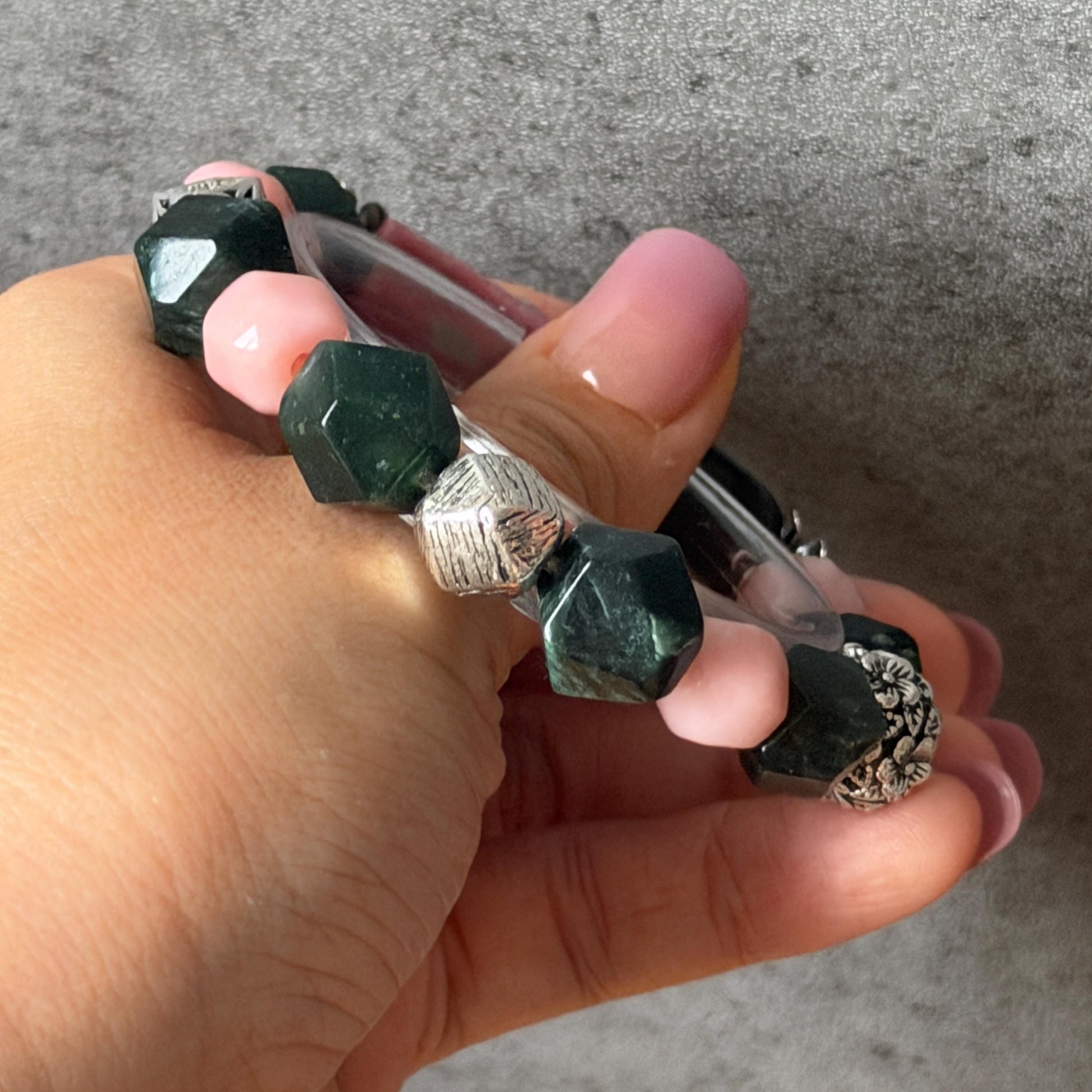Xiu Jade Bird & Flower Hand Carved Charm with Irregular Bead Bracelet: Natural Serpentine Green Pink Jade Vintage Tibetan Silver | Crystal Stone Gemstone Personalized Gift for her Natural Multi-coloured Jade customised bracelet hand engraved jade bracelet carved charm carved pendant bird carving flower bracelet pink jade green jade silver bracelet tailor made bracelet personalised bracelet diy bracelet untreated jade elastic stretch bracelet bird lover gift 3D stone carving