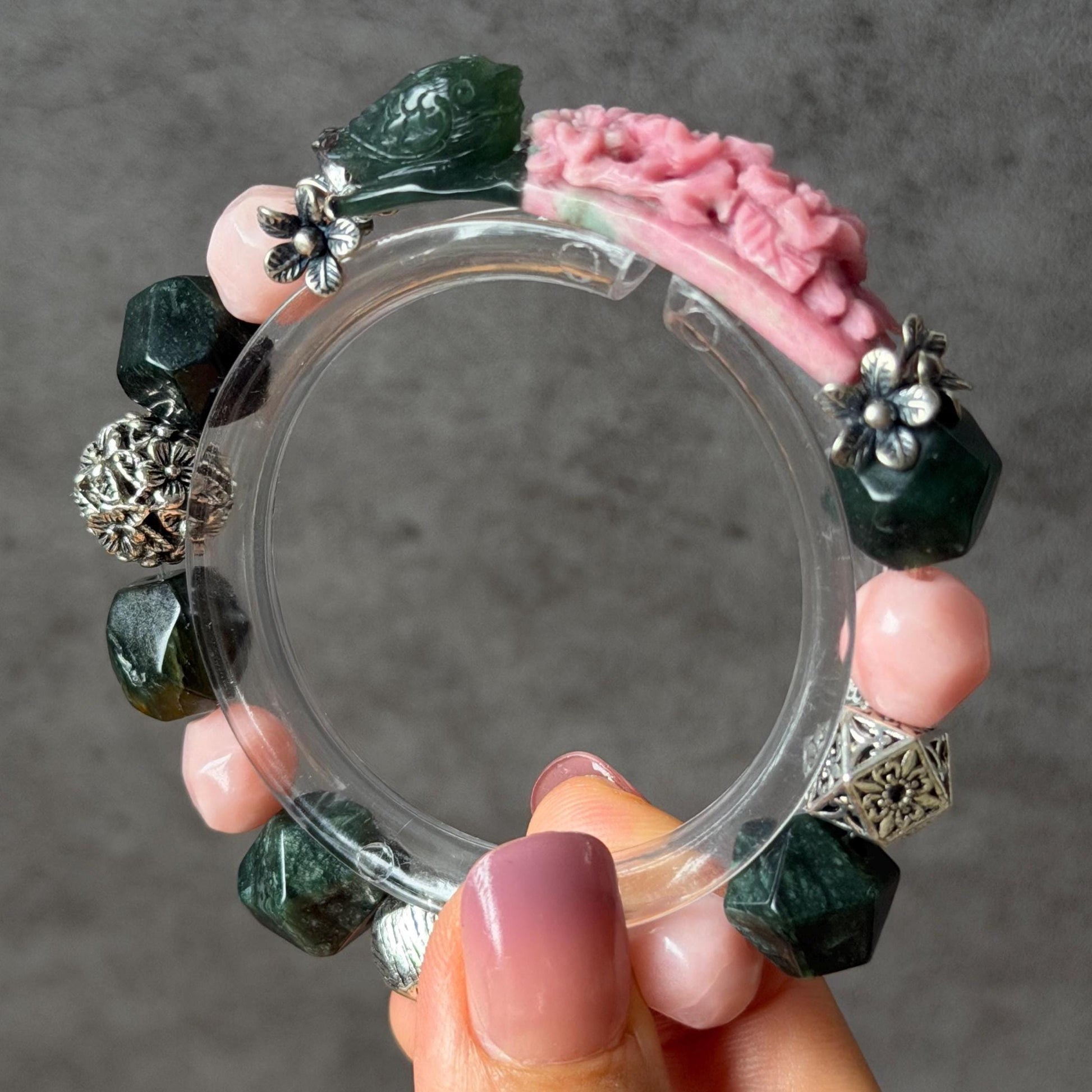 Xiu Jade Bird & Flower Hand Carved Charm with Irregular Bead Bracelet: Natural Serpentine Green Pink Jade Vintage Tibetan Silver | Crystal Stone Gemstone Personalized Gift for her Natural Multi-coloured Jade customised bracelet hand engraved jade bracelet carved charm carved pendant bird carving flower bracelet pink jade green jade silver bracelet tailor made bracelet personalised bracelet diy bracelet untreated jade elastic stretch bracelet bird lover gift 3D stone carving