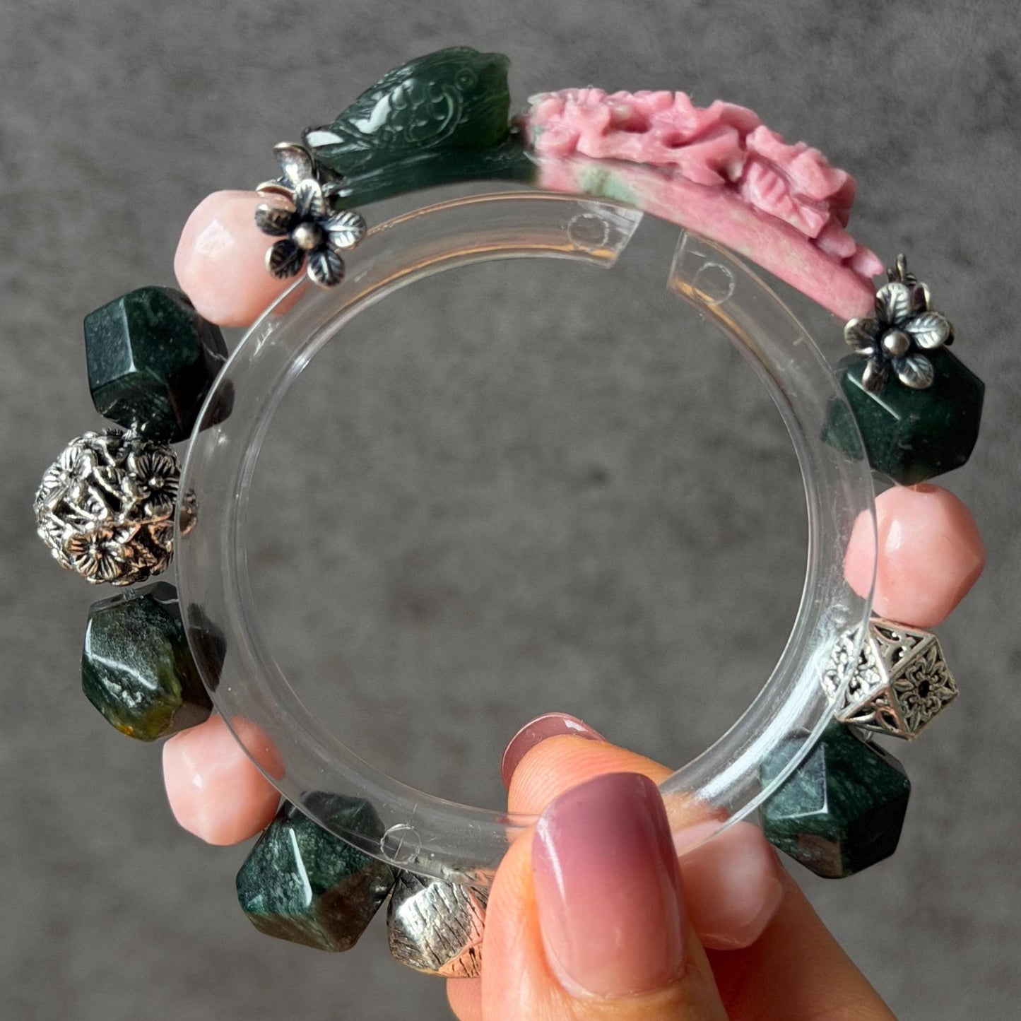 Xiu Jade Bird & Flower Hand Carved Charm with Irregular Bead Bracelet: Natural Serpentine Green Pink Jade Vintage Tibetan Silver | Crystal Stone Gemstone Personalized Gift for her Natural Multi-coloured Jade customised bracelet hand engraved jade bracelet carved charm carved pendant bird carving flower bracelet pink jade green jade silver bracelet tailor made bracelet personalised bracelet diy bracelet untreated jade elastic stretch bracelet bird lover gift 3D stone carving
