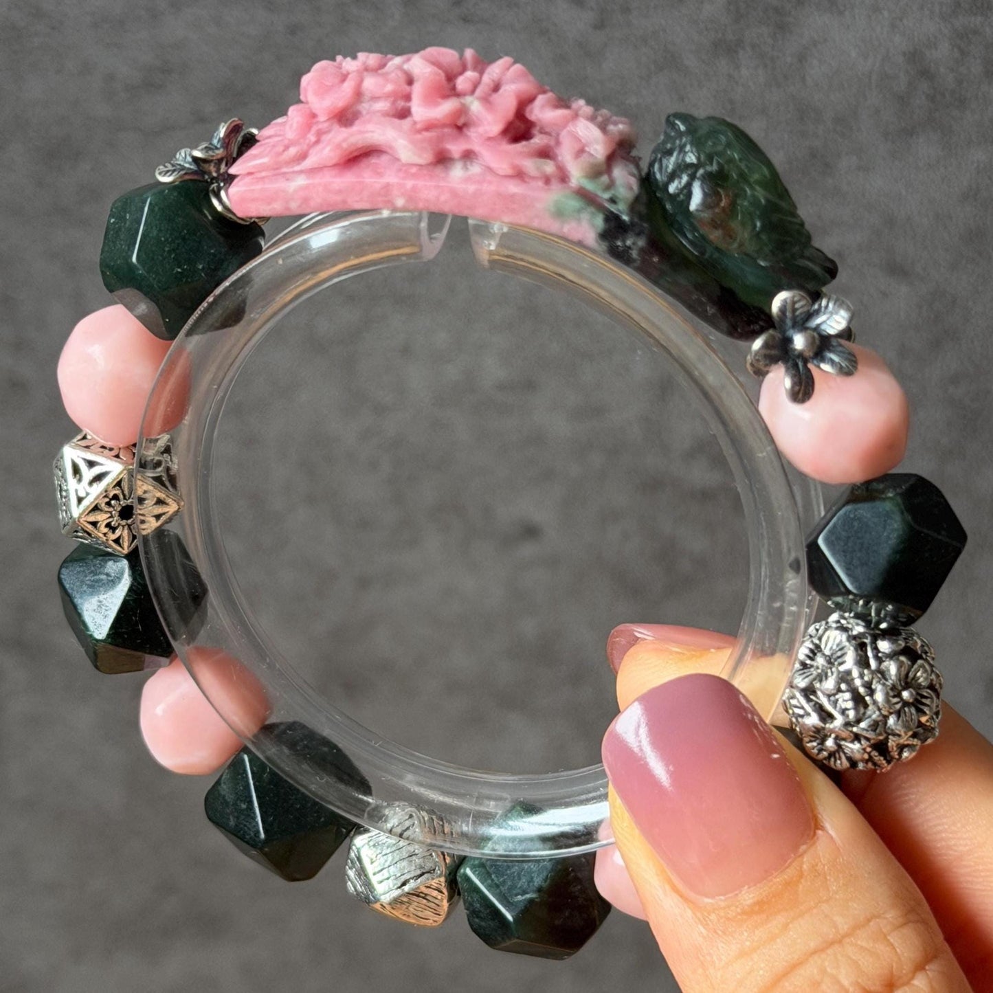 Xiu Jade Bird & Flower Hand Carved Charm with Irregular Bead Bracelet: Natural Serpentine Green Pink Jade Vintage Tibetan Silver | Crystal Stone Gemstone Personalized Gift for her Natural Multi-coloured Jade customised bracelet hand engraved jade bracelet carved charm carved pendant bird carving flower bracelet pink jade green jade silver bracelet tailor made bracelet personalised bracelet diy bracelet untreated jade elastic stretch bracelet bird lover gift 3D stone carving
