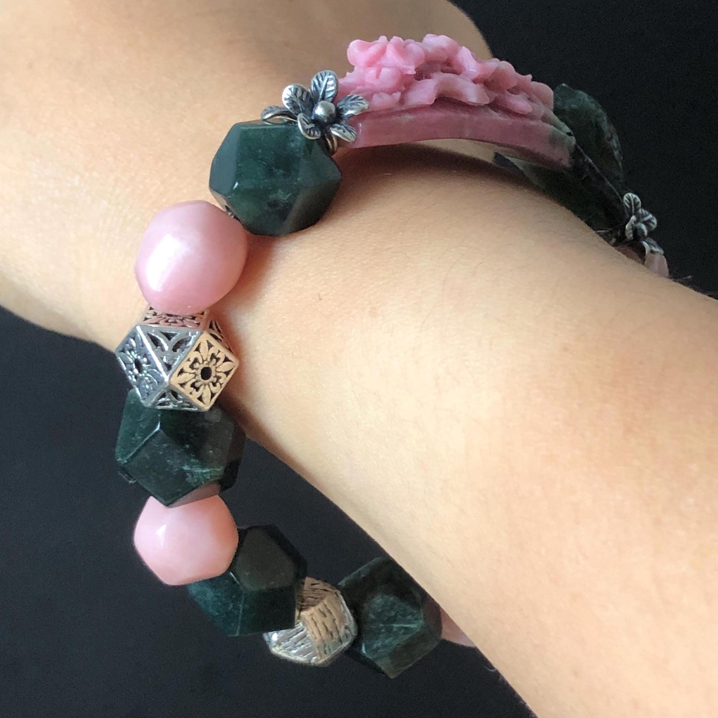 Xiu Jade Bird & Flower Hand Carved Charm with Irregular Bead Bracelet: Natural Serpentine Green Pink Jade Vintage Tibetan Silver | Crystal Stone Gemstone Personalized Gift for her Natural Multi-coloured Jade customised bracelet hand engraved jade bracelet carved charm carved pendant bird carving flower bracelet pink jade green jade silver bracelet tailor made bracelet personalised bracelet diy bracelet untreated jade elastic stretch bracelet bird lover gift 3D stone carving