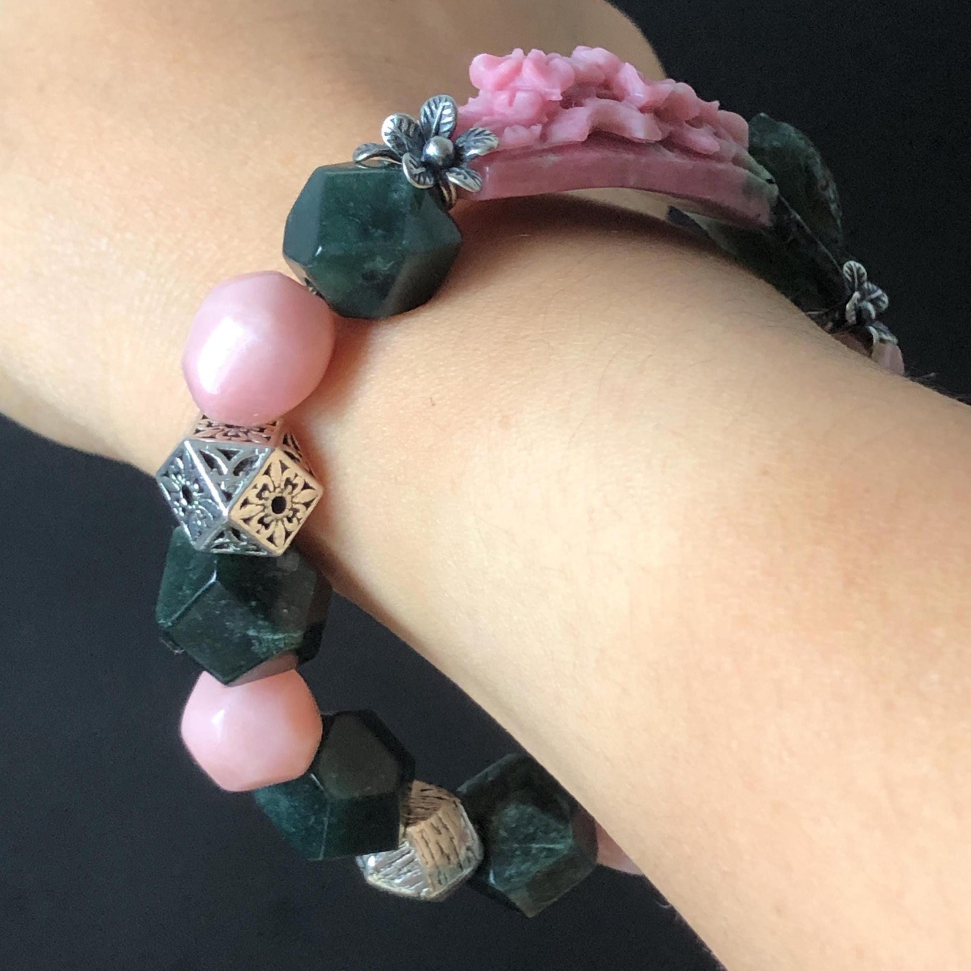 Xiu Jade Bird & Flower Hand Carved Charm with Irregular Bead Bracelet: Natural Serpentine Green Pink Jade Vintage Tibetan Silver | Crystal Stone Gemstone Personalized Gift for her Natural Multi-coloured Jade customised bracelet hand engraved jade bracelet carved charm carved pendant bird carving flower bracelet pink jade green jade silver bracelet tailor made bracelet personalised bracelet diy bracelet untreated jade elastic stretch bracelet bird lover gift 3D stone carving