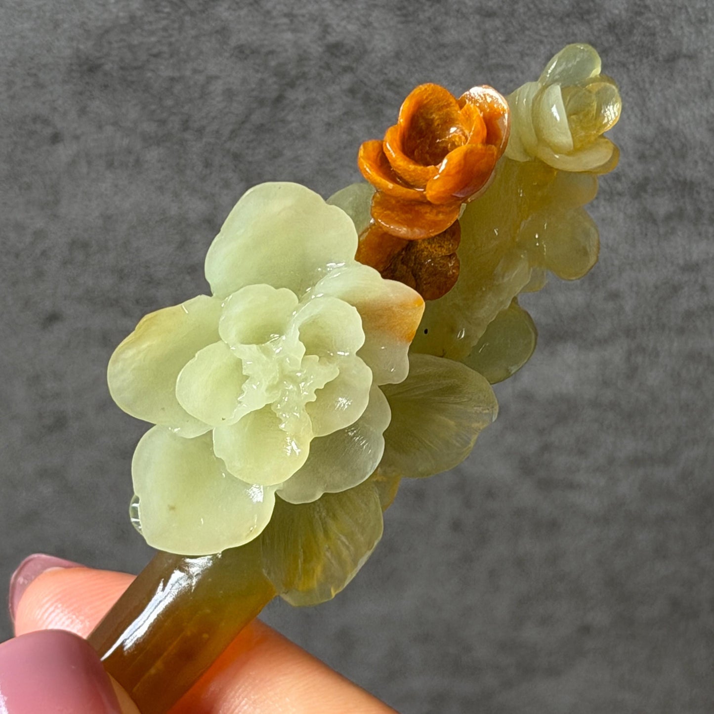 Xiu Jade Peach Blossom Flower Hand Carved Hair Pin: Certified Natural Serpentine Orange White Green Jade Handcrafted Hanfu Hair Stick