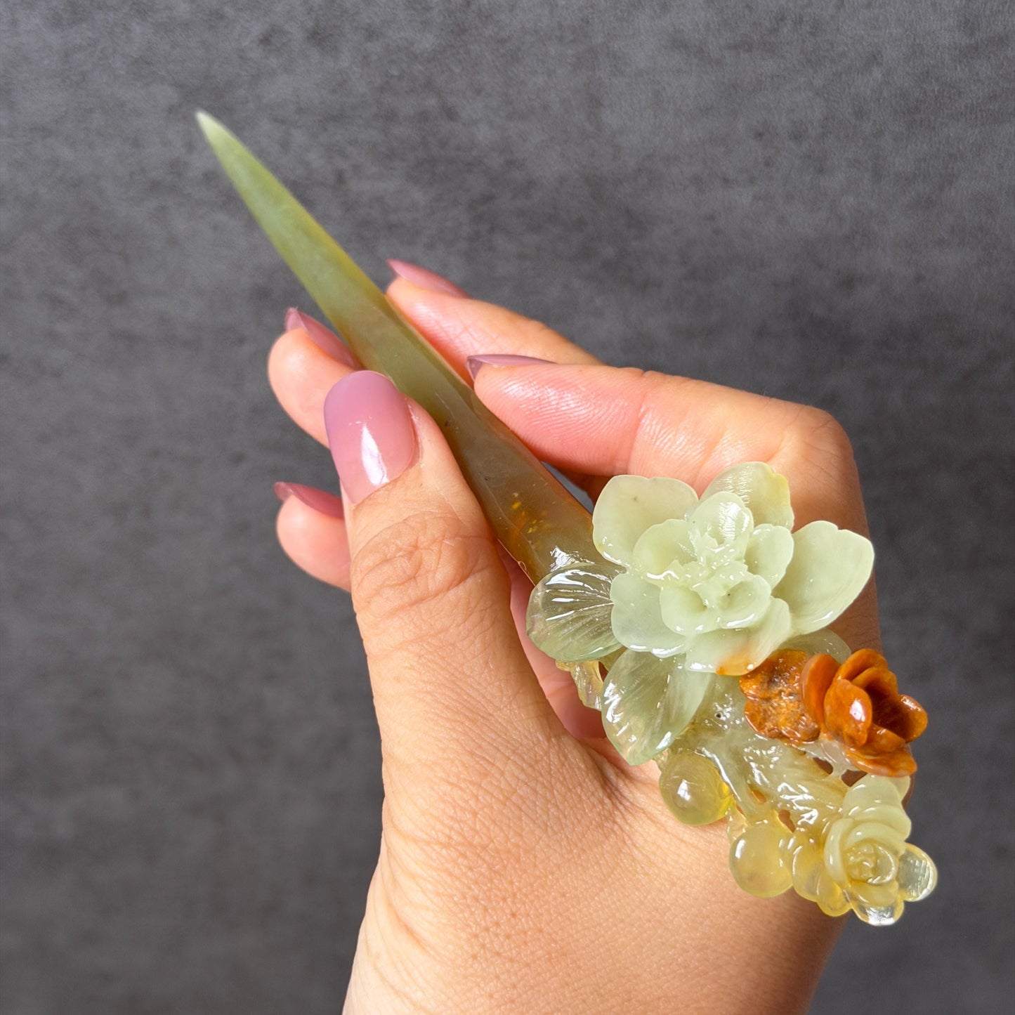 Xiu Jade Peach Blossom Flower Hand Carved Hair Pin: Certified Natural Serpentine Orange White Green Jade Handcrafted Hanfu Hair Stick