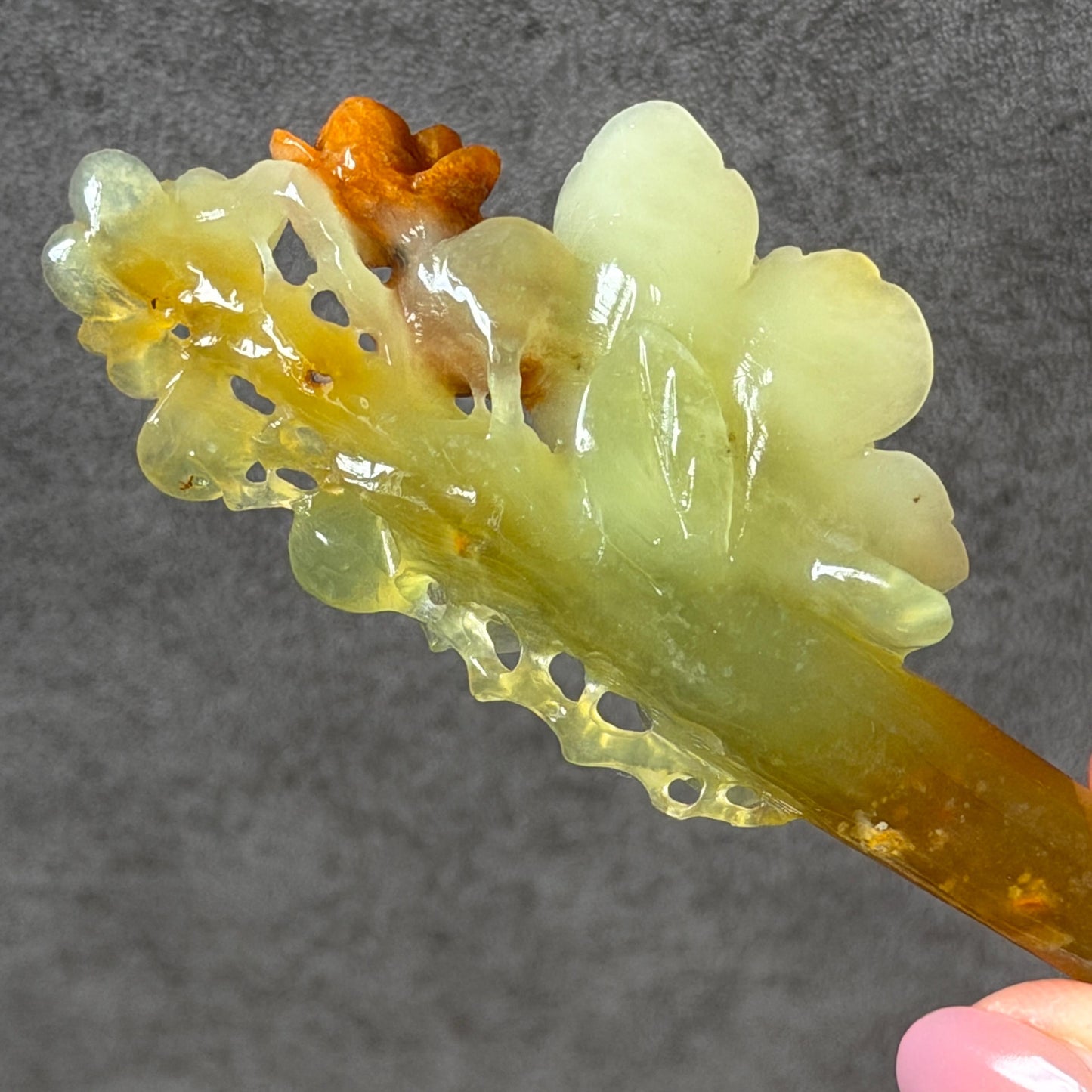 Xiu Jade Peach Blossom Flower Hand Carved Hair Pin: Certified Natural Serpentine Orange White Green Jade Handcrafted Hanfu Hair Stick