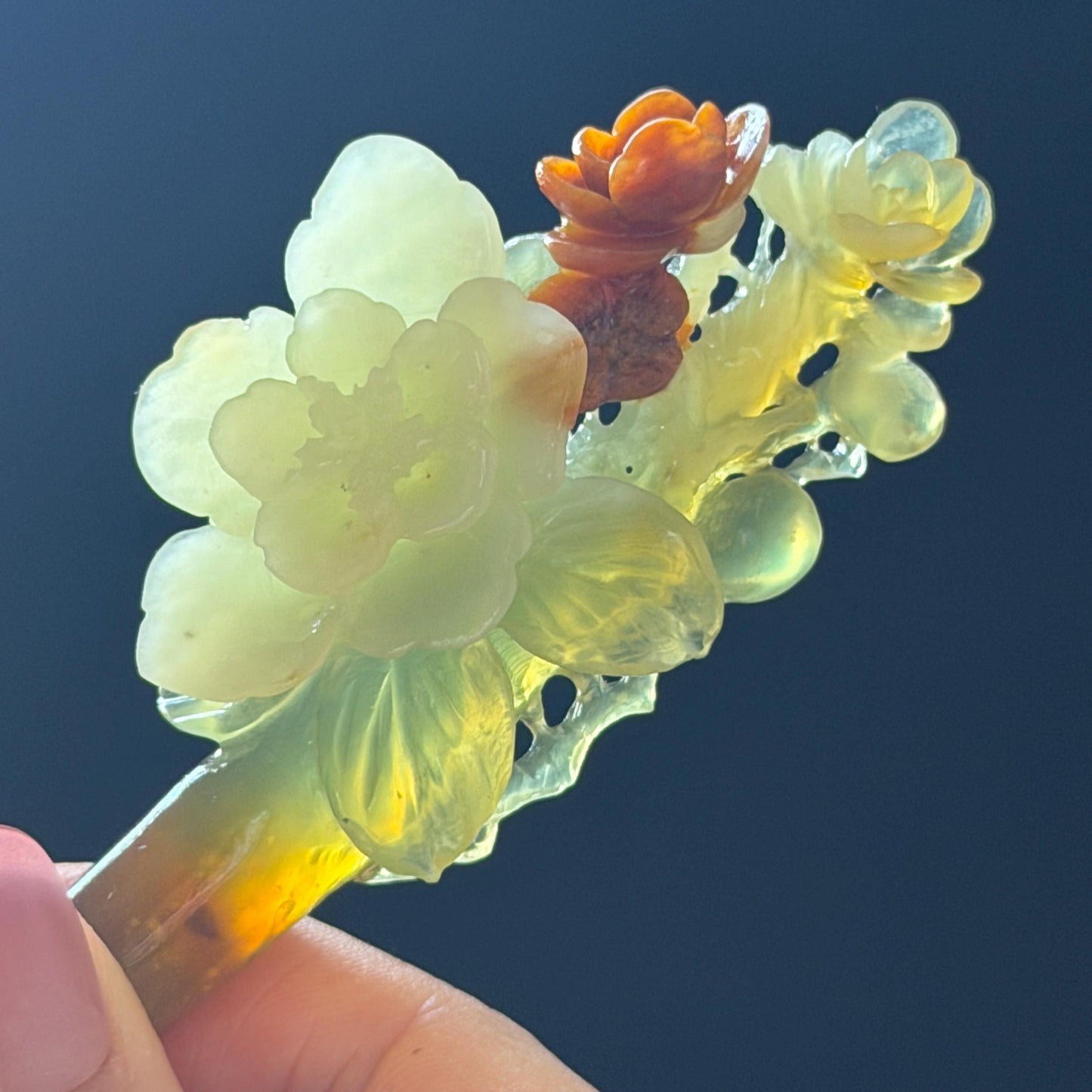 Xiu Jade Peach Blossom Flower Hand Carved Hair Pin: Certified Natural Serpentine Orange White Green Jade Handcrafted Hanfu Hair Stick