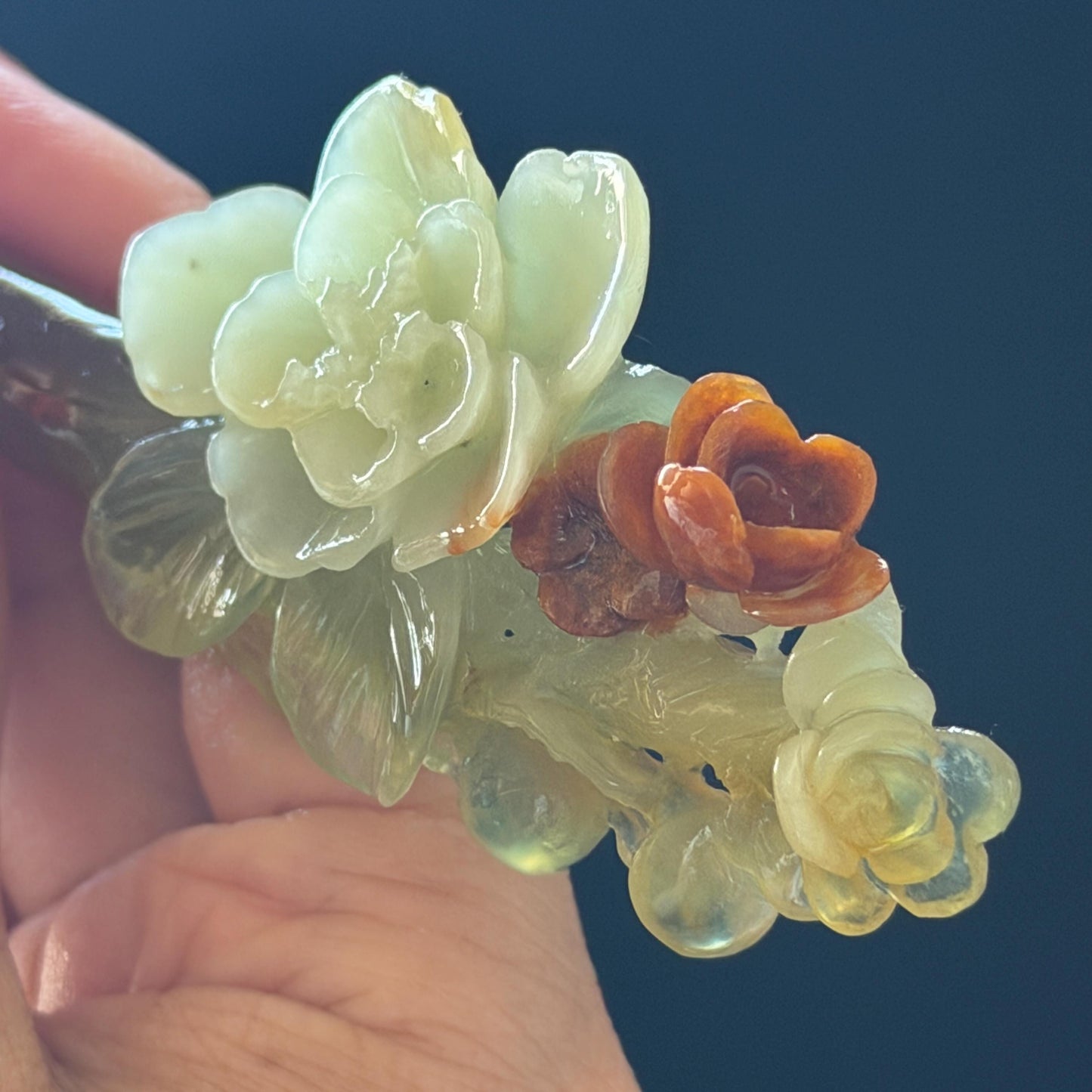Xiu Jade Peach Blossom Flower Hand Carved Hair Pin: Certified Natural Serpentine Orange White Green Jade Handcrafted Hanfu Hair Stick