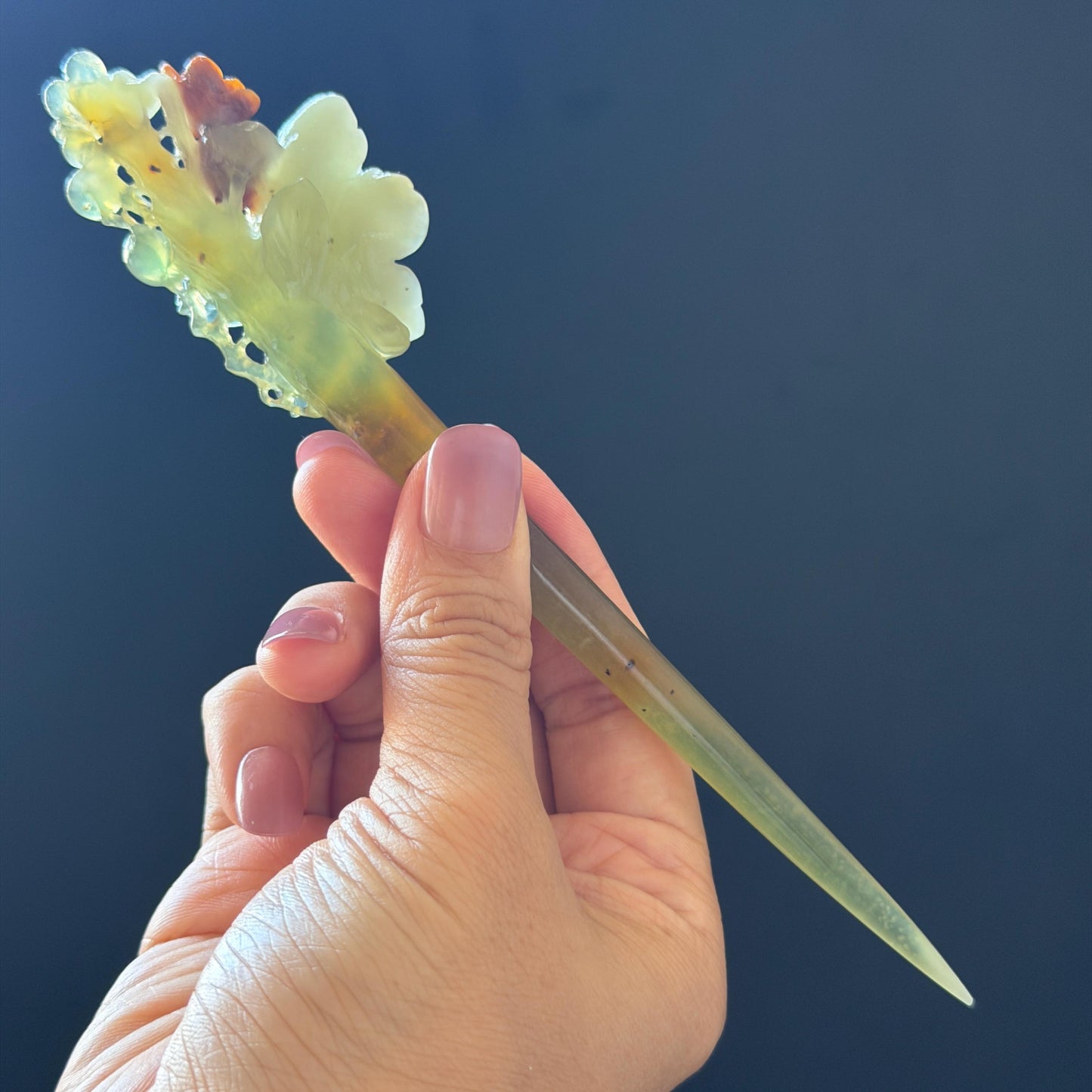Xiu Jade Peach Blossom Flower Hand Carved Hair Pin: Certified Natural Serpentine Orange White Green Jade Handcrafted Hanfu Hair Stick