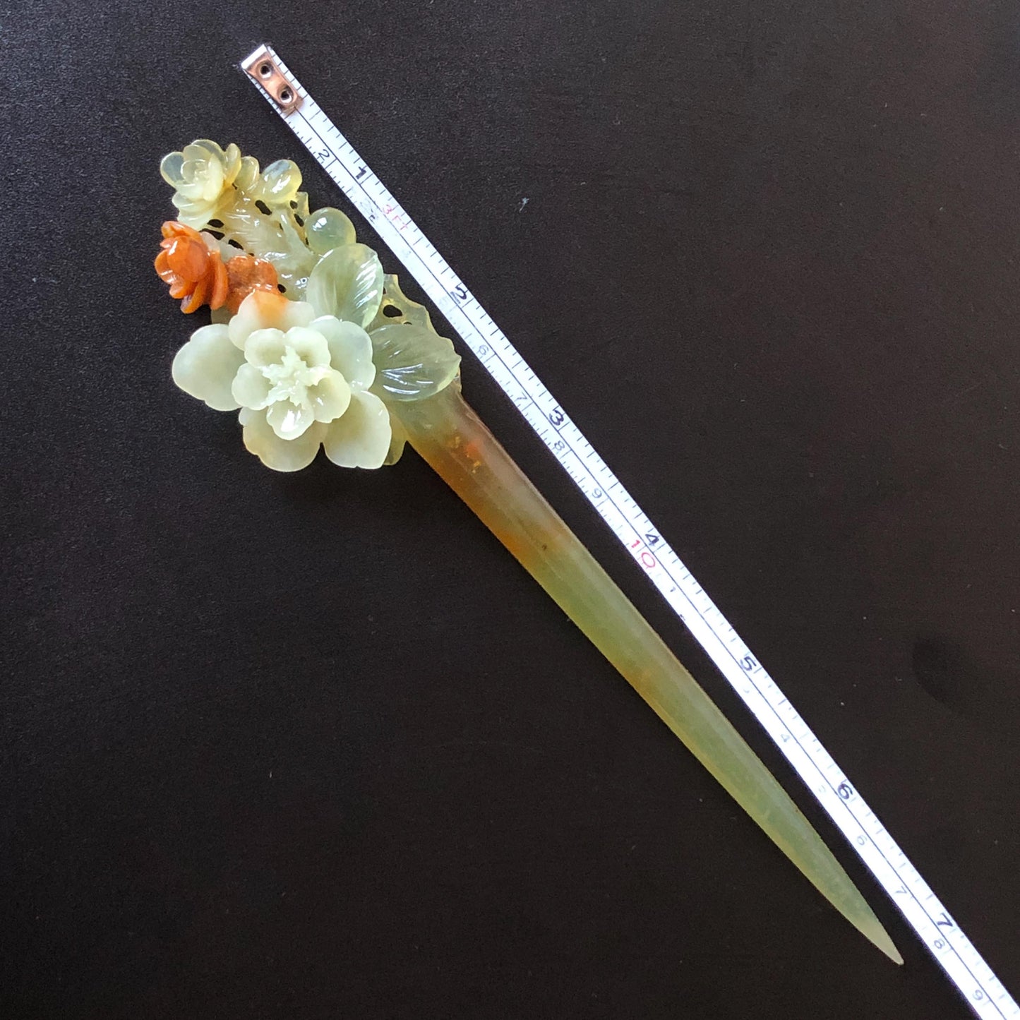 Xiu Jade Peach Blossom Flower Hand Carved Hair Pin: Certified Natural Serpentine Orange White Green Jade Handcrafted Hanfu Hair Stick