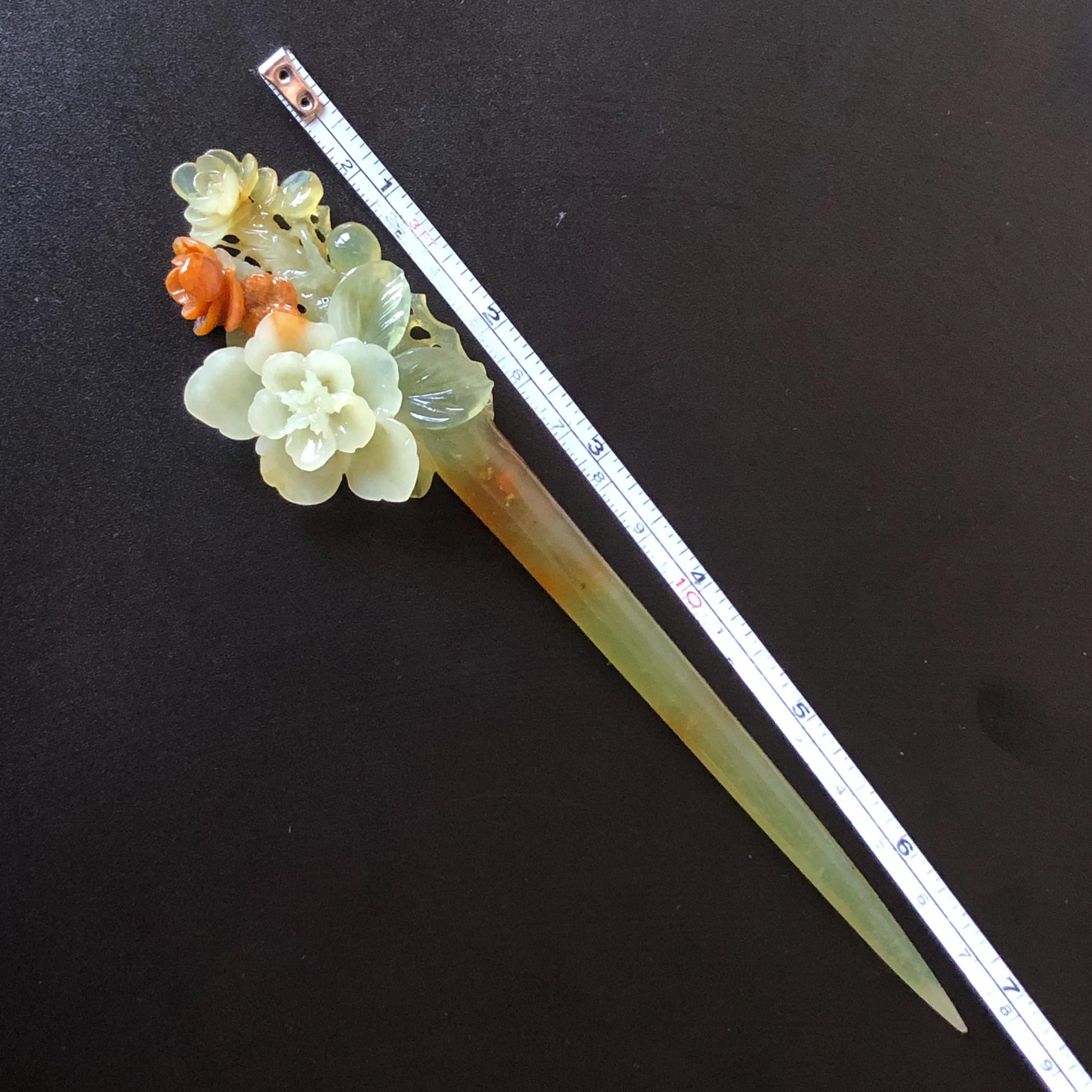 Xiu Jade Peach Blossom Flower Hand Carved Hair Pin: Certified Natural Serpentine Orange White Green Jade Handcrafted Hanfu Hair Stick