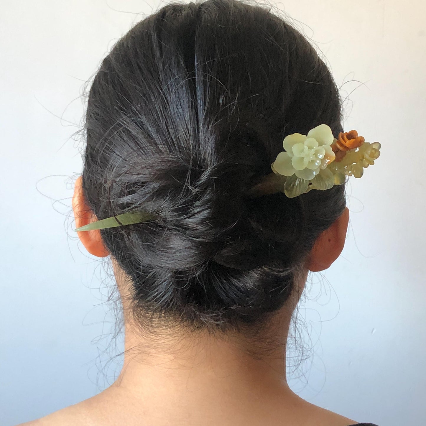Xiu Jade Peach Blossom Flower Hand Carved Hair Pin: Certified Natural Serpentine Orange White Green Jade Handcrafted Hanfu Hair Stick