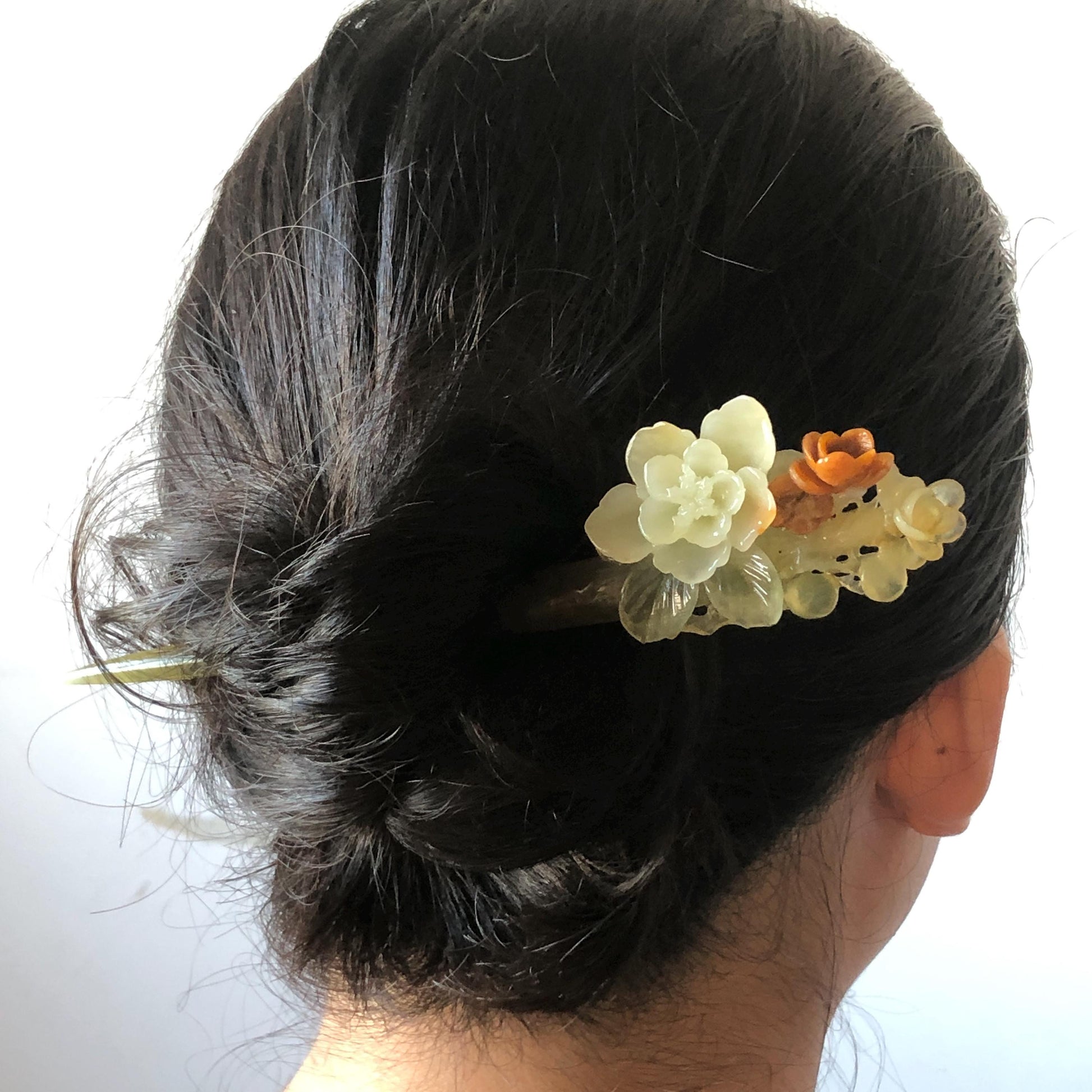 Xiu Jade Peach Blossom Flower Hand Carved Hair Pin: Certified Natural Serpentine Orange White Green Jade Handcrafted Hanfu Hair Stick