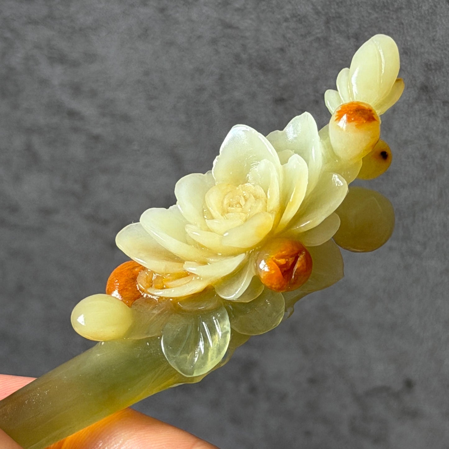 Xiu Jade Hand Carved Camellia Flower Hair Pin: Certified Natural Serpentine Multicolor Orange White Green Jade Handcrafted Hair Stick | Asian Vintage Hair Fork 3D stone carving Hair Jewelry | Chinese Hanfu Hair Fork gift for her green jade carving white jade orange jade flower carving camellia carving hand engraved hairpins japanese hair stick korean hair pins hair fork hair comb antique hairpins wedding headpiece engagement hair jewelry bridal shower gift bridal hair accessory  asian hair crown
