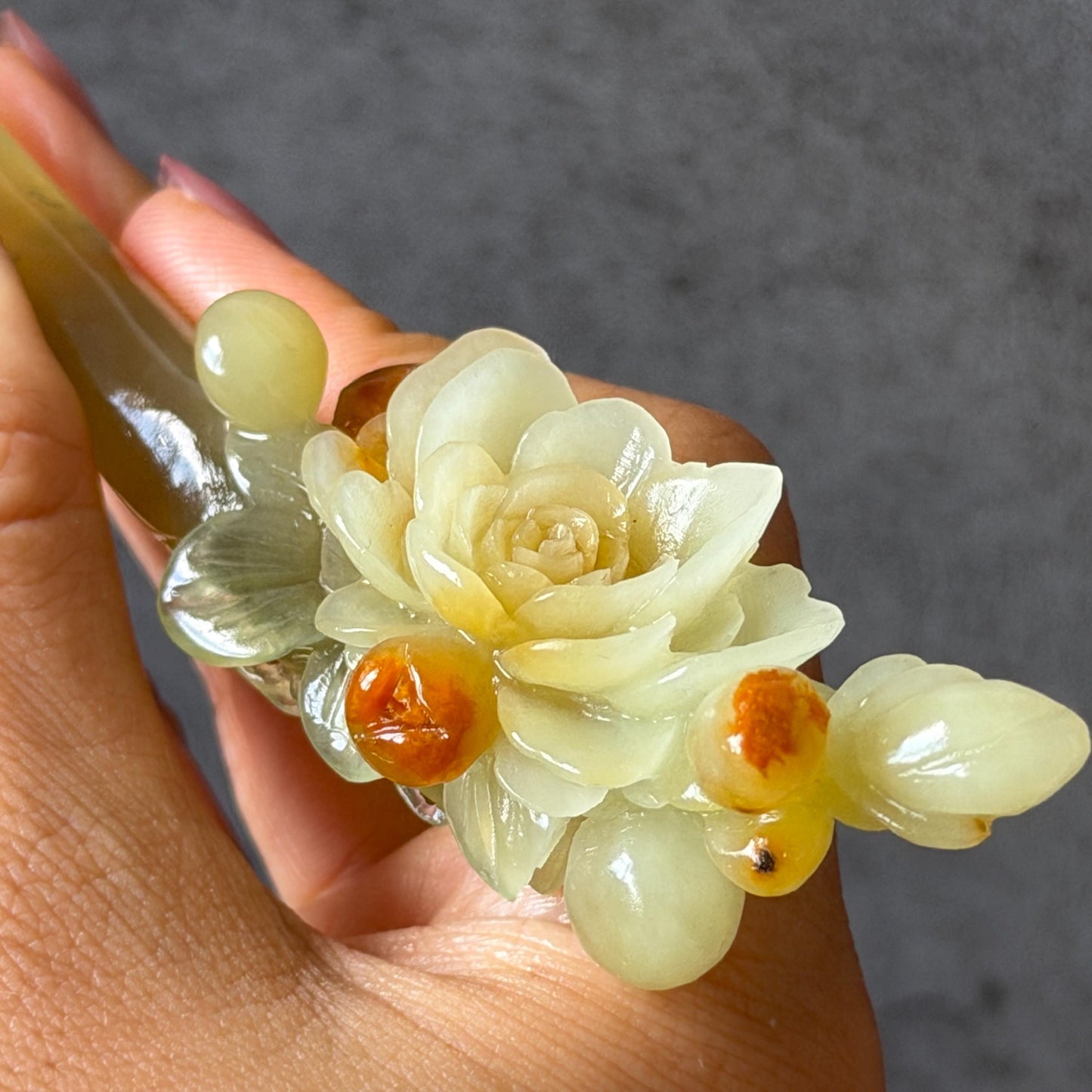 Xiu Jade Hand Carved Camellia Flower Hair Pin: Certified Natural Serpentine Multicolor Orange White Green Jade Handcrafted Hair Stick | Asian Vintage Hair Fork 3D stone carving Hair Jewelry | Chinese Hanfu Hair Fork gift for her green jade carving white jade orange jade flower carving camellia carving hand engraved hairpins japanese hair stick korean hair pins hair fork hair comb antique hairpins wedding headpiece engagement hair jewelry bridal shower gift bridal hair accessory  asian hair crown