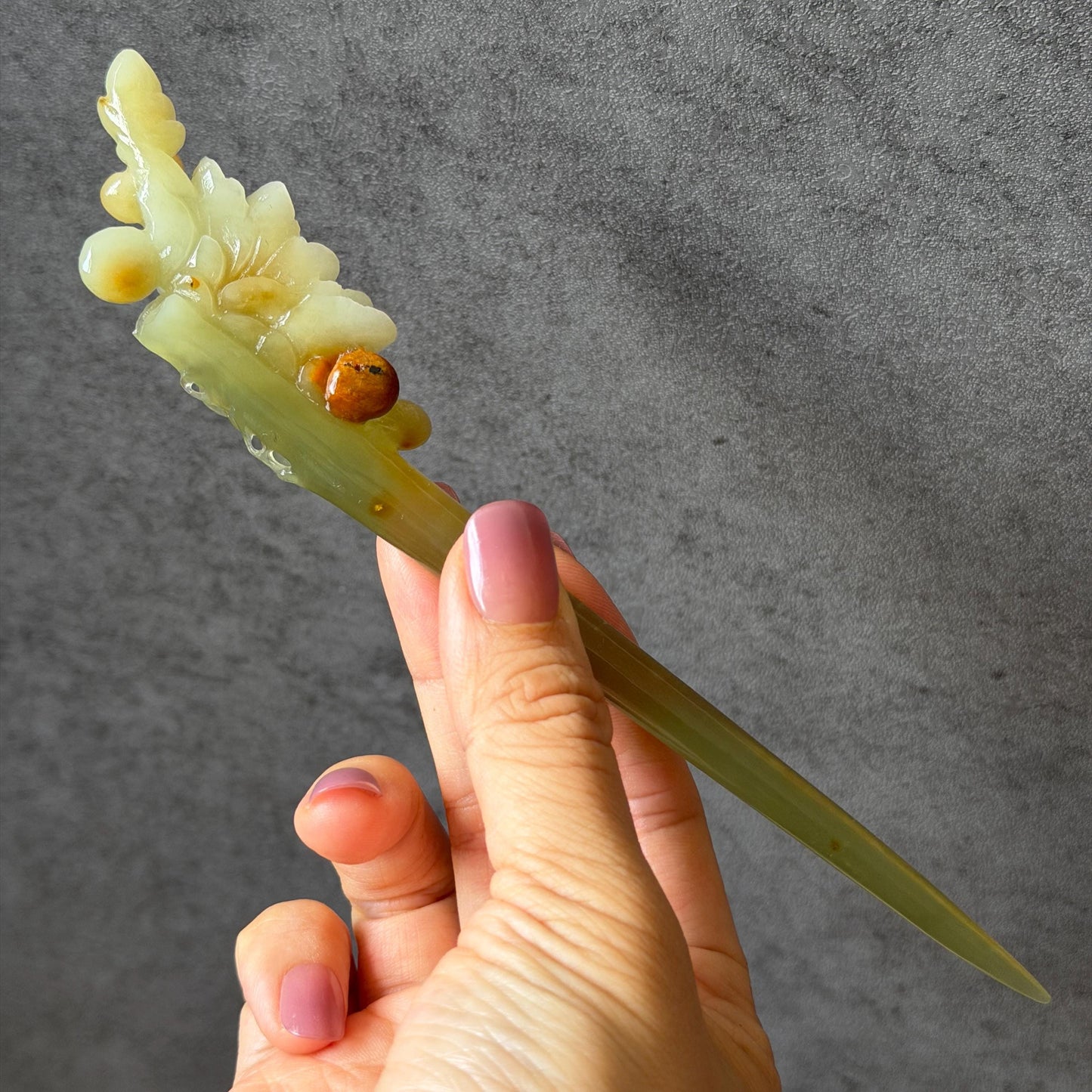 Xiu Jade Hand Carved Camellia Flower Hair Pin: Certified Natural Serpentine Multicolor Orange White Green Jade Handcrafted Hair Stick | Asian Vintage Hair Fork 3D stone carving Hair Jewelry | Chinese Hanfu Hair Fork gift for her green jade carving white jade orange jade flower carving camellia carving hand engraved hairpins japanese hair stick korean hair pins hair fork hair comb antique hairpins wedding headpiece engagement hair jewelry bridal shower gift bridal hair accessory  asian hair crown