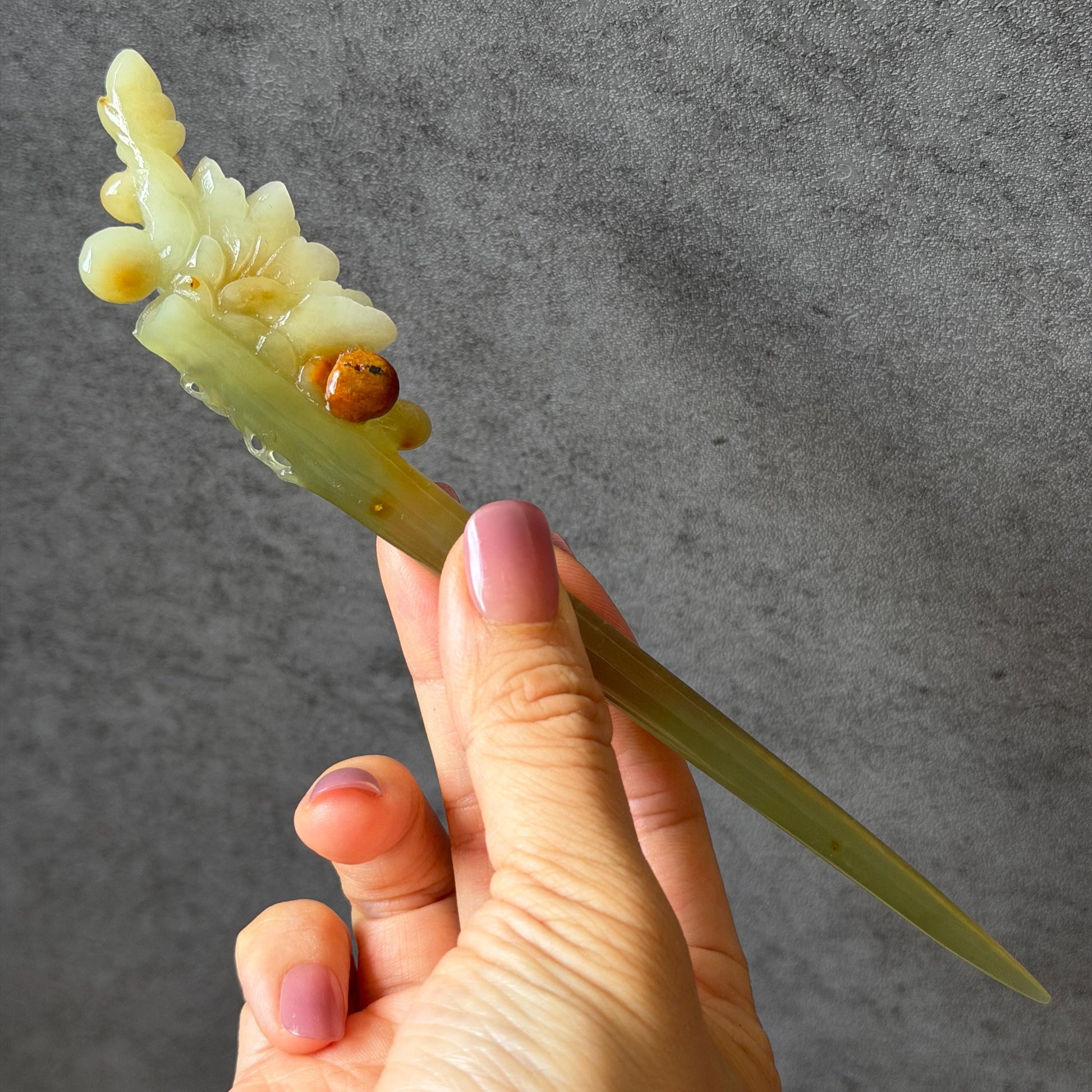 Xiu Jade Hand Carved Camellia Flower Hair Pin: Certified Natural Serpentine Multicolor Orange White Green Jade Handcrafted Hair Stick | Asian Vintage Hair Fork 3D stone carving Hair Jewelry | Chinese Hanfu Hair Fork gift for her green jade carving white jade orange jade flower carving camellia carving hand engraved hairpins japanese hair stick korean hair pins hair fork hair comb antique hairpins wedding headpiece engagement hair jewelry bridal shower gift bridal hair accessory  asian hair crown
