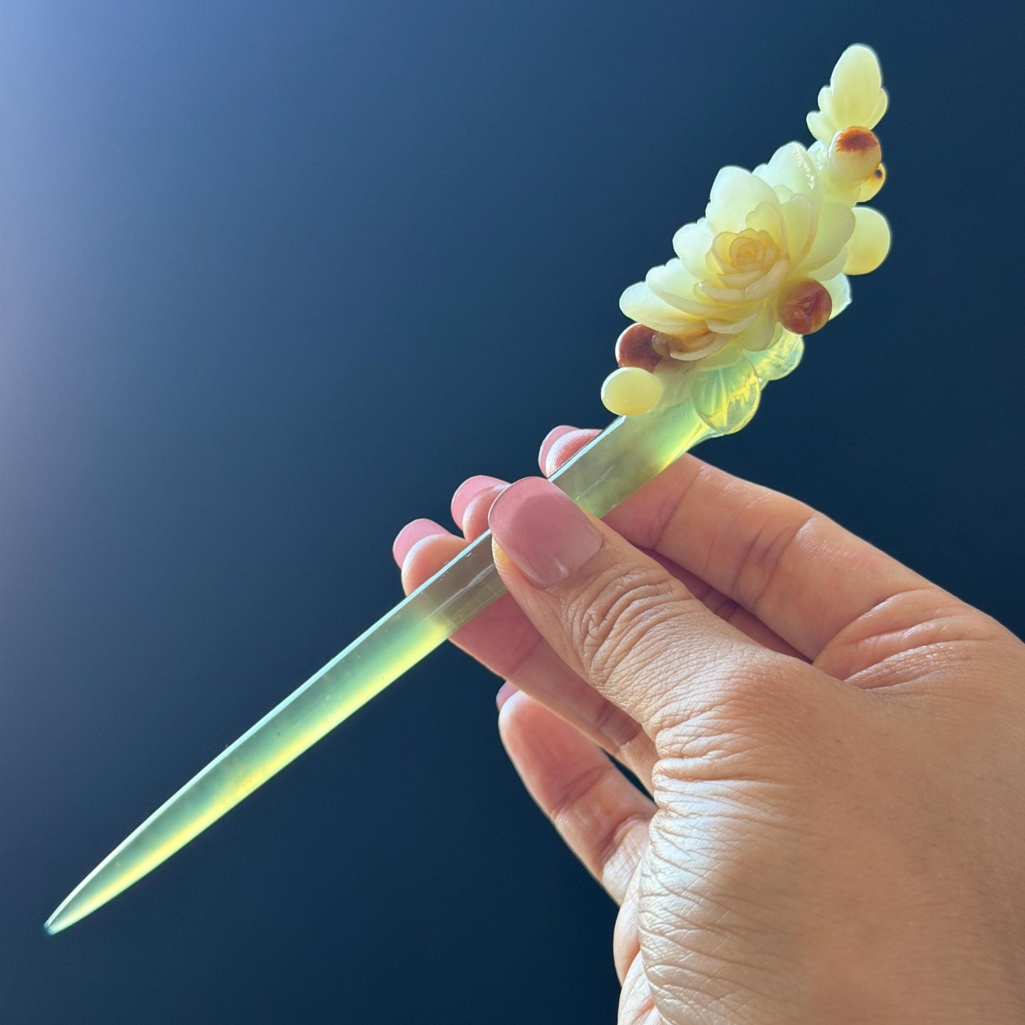 Xiu Jade Hand Carved Camellia Flower Hair Pin: Certified Natural Serpentine Multicolor Orange White Green Jade Handcrafted Hair Stick | Asian Vintage Hair Fork 3D stone carving Hair Jewelry | Chinese Hanfu Hair Fork gift for her green jade carving white jade orange jade flower carving camellia carving hand engraved hairpins japanese hair stick korean hair pins hair fork hair comb antique hairpins wedding headpiece engagement hair jewelry bridal shower gift bridal hair accessory  asian hair crown