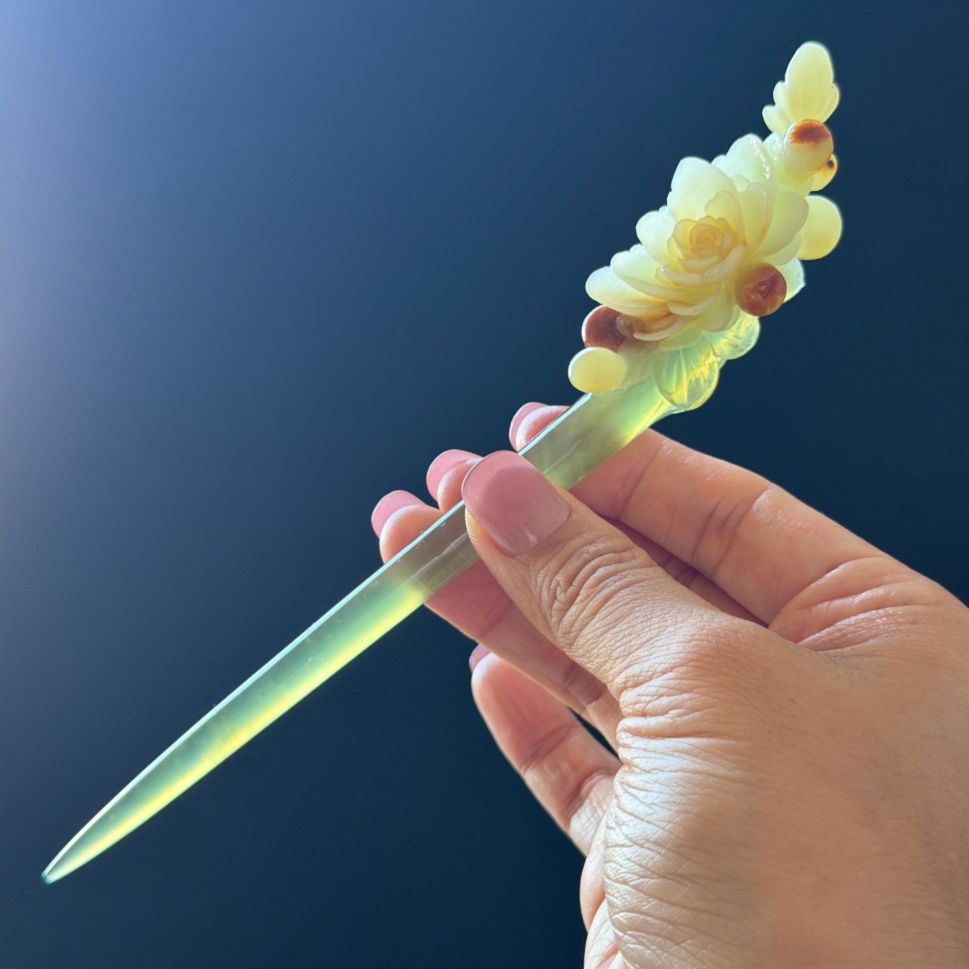 Xiu Jade Hand Carved Camellia Flower Hair Pin: Certified Natural Serpentine Multicolor Orange White Green Jade Handcrafted Hair Stick | Asian Vintage Hair Fork 3D stone carving Hair Jewelry | Chinese Hanfu Hair Fork gift for her green jade carving white jade orange jade flower carving camellia carving hand engraved hairpins japanese hair stick korean hair pins hair fork hair comb antique hairpins wedding headpiece engagement hair jewelry bridal shower gift bridal hair accessory  asian hair crown
