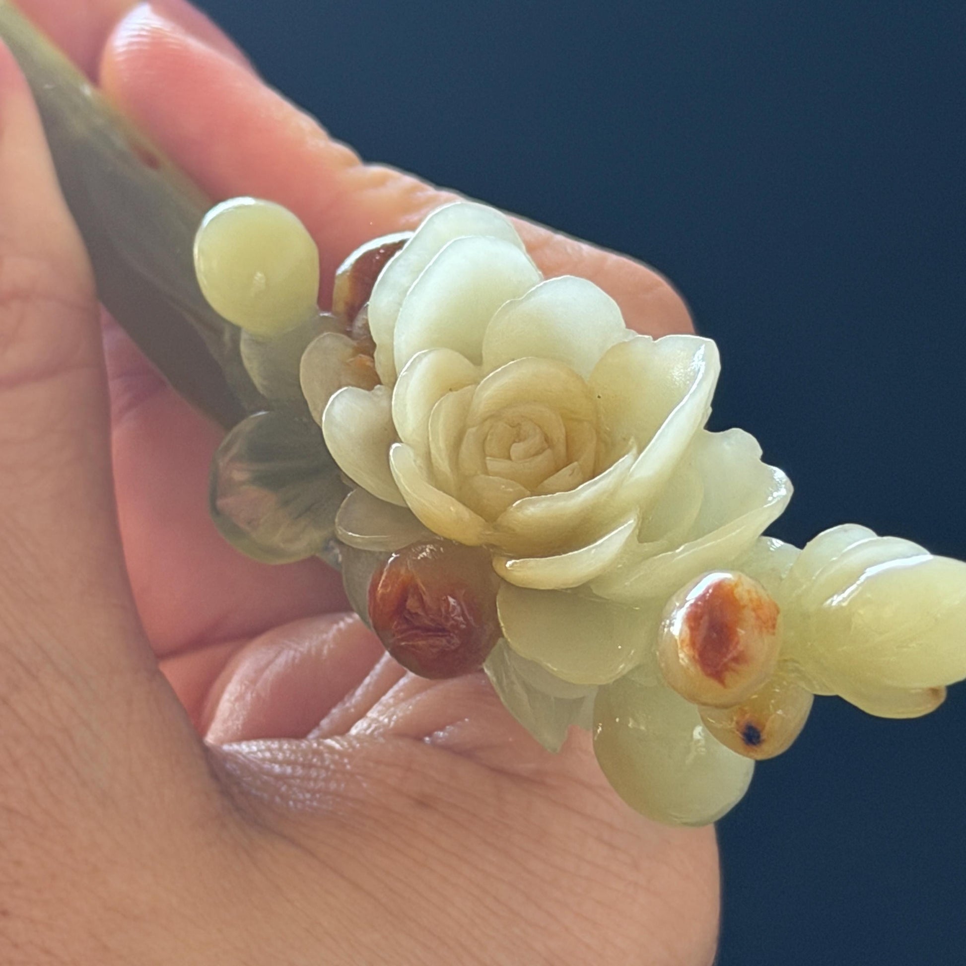 Xiu Jade Hand Carved Camellia Flower Hair Pin: Certified Natural Serpentine Multicolor Orange White Green Jade Handcrafted Hair Stick | Asian Vintage Hair Fork 3D stone carving Hair Jewelry | Chinese Hanfu Hair Fork gift for her green jade carving white jade orange jade flower carving camellia carving hand engraved hairpins japanese hair stick korean hair pins hair fork hair comb antique hairpins wedding headpiece engagement hair jewelry bridal shower gift bridal hair accessory  asian hair crown