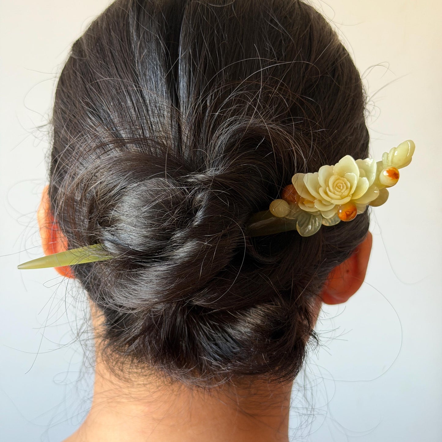 Xiu Jade Hand Carved Camellia Flower Hair Pin: Certified Natural Serpentine Multicolor Orange White Green Jade Handcrafted Hair Stick | Asian Vintage Hair Fork 3D stone carving Hair Jewelry | Chinese Hanfu Hair Fork gift for her green jade carving white jade orange jade flower carving camellia carving hand engraved hairpins japanese hair stick korean hair pins hair fork hair comb antique hairpins wedding headpiece engagement hair jewelry bridal shower gift bridal hair accessory  asian hair crown