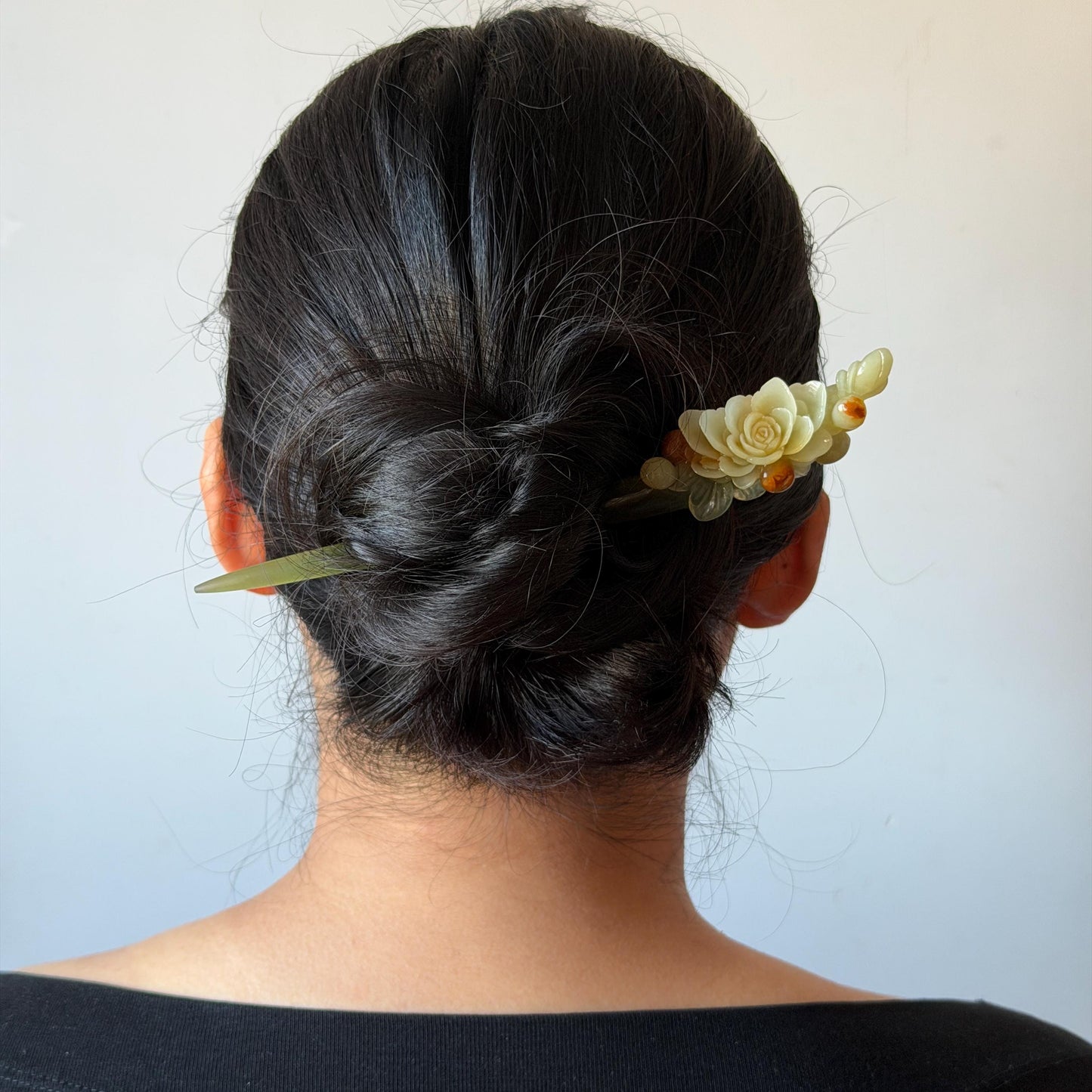 Xiu Jade Hand Carved Camellia Flower Hair Pin: Certified Natural Serpentine Multicolor Orange White Green Jade Handcrafted Hair Stick | Asian Vintage Hair Fork 3D stone carving Hair Jewelry | Chinese Hanfu Hair Fork gift for her green jade carving white jade orange jade flower carving camellia carving hand engraved hairpins japanese hair stick korean hair pins hair fork hair comb antique hairpins wedding headpiece engagement hair jewelry bridal shower gift bridal hair accessory  asian hair crown